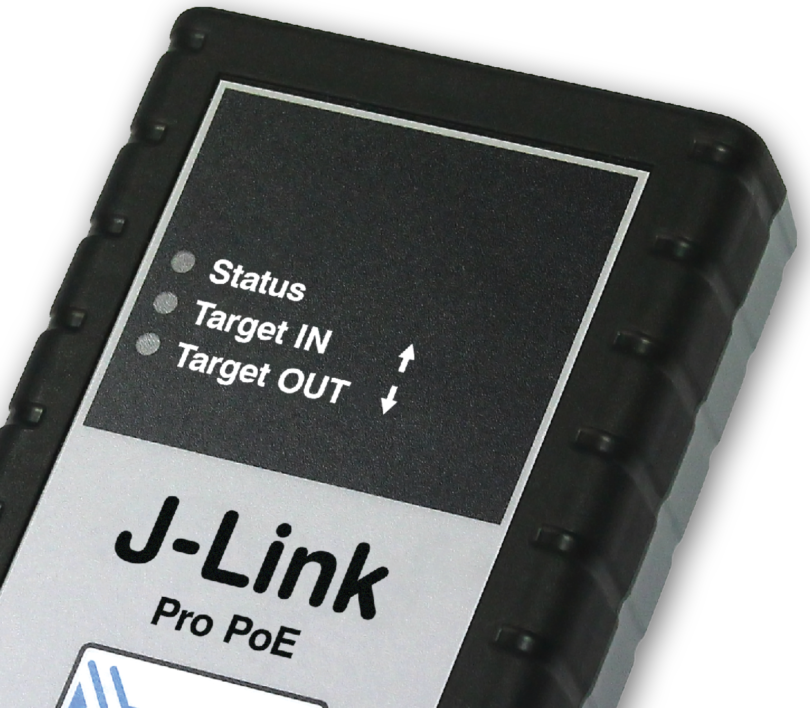 J-Link Pro PoE A black and silver device labeled "J-Link Pro PoE" features three indicators: "Status," "Target IN," and "Target OUT," with arrows indicating direction. The design is compact, intended for network connectivity or power over Ethernet applications.