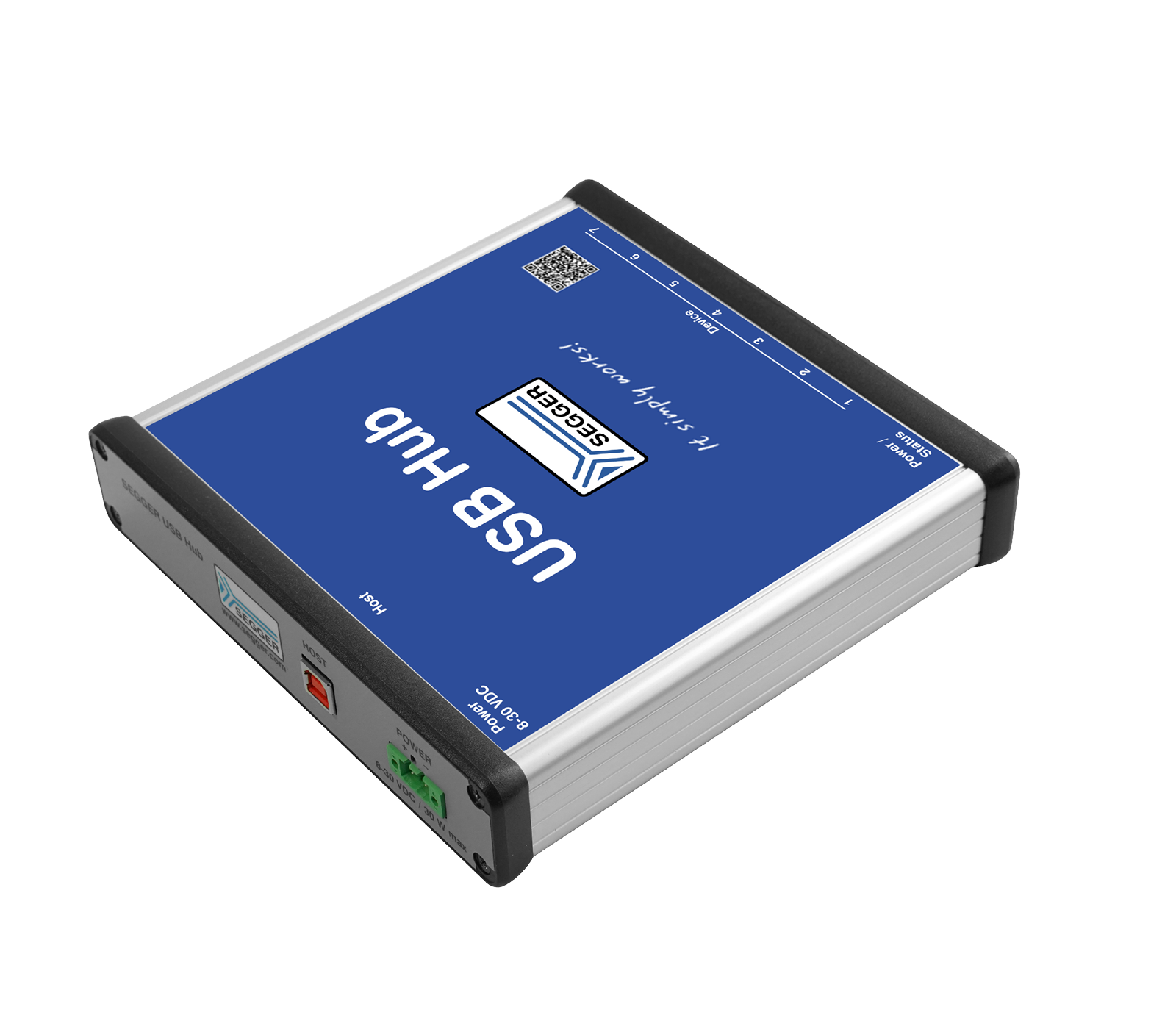 SEGGER USB Hub-7 The image shows a rectangular USB hub with a blue top surface featuring the text "USB Hub" and the logo of Segger. The edges are black, and there are display indicators and ports on one side, intended for connecting multiple USB devices.
