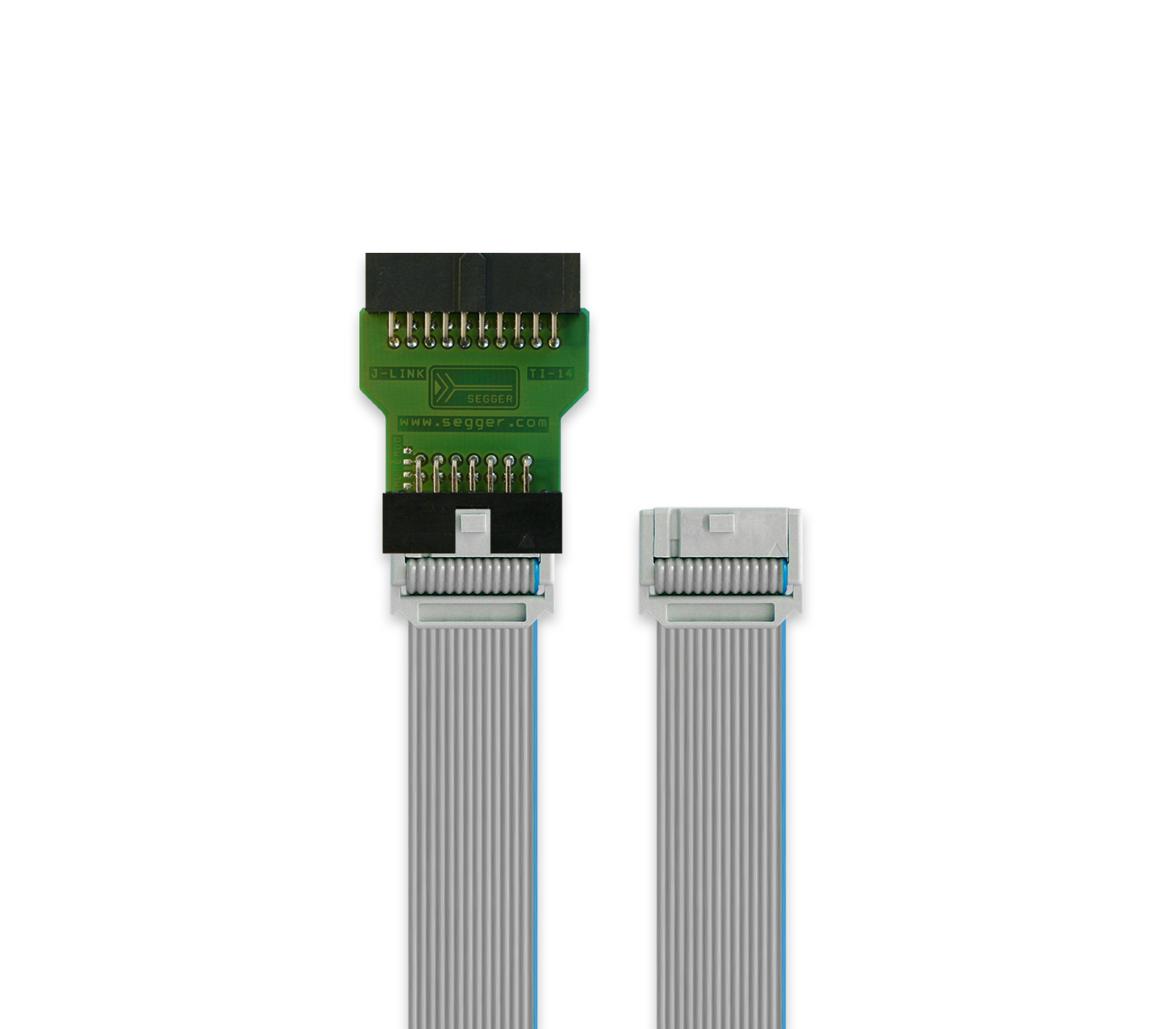 14-Pin TI Adapter Image of a ribbon cable connector featuring a green circuit board on one side with metal pins and a flat, gray ribbon cable extending from the opposite side. The design is typical for electronic connections, used for data transfer between devices.