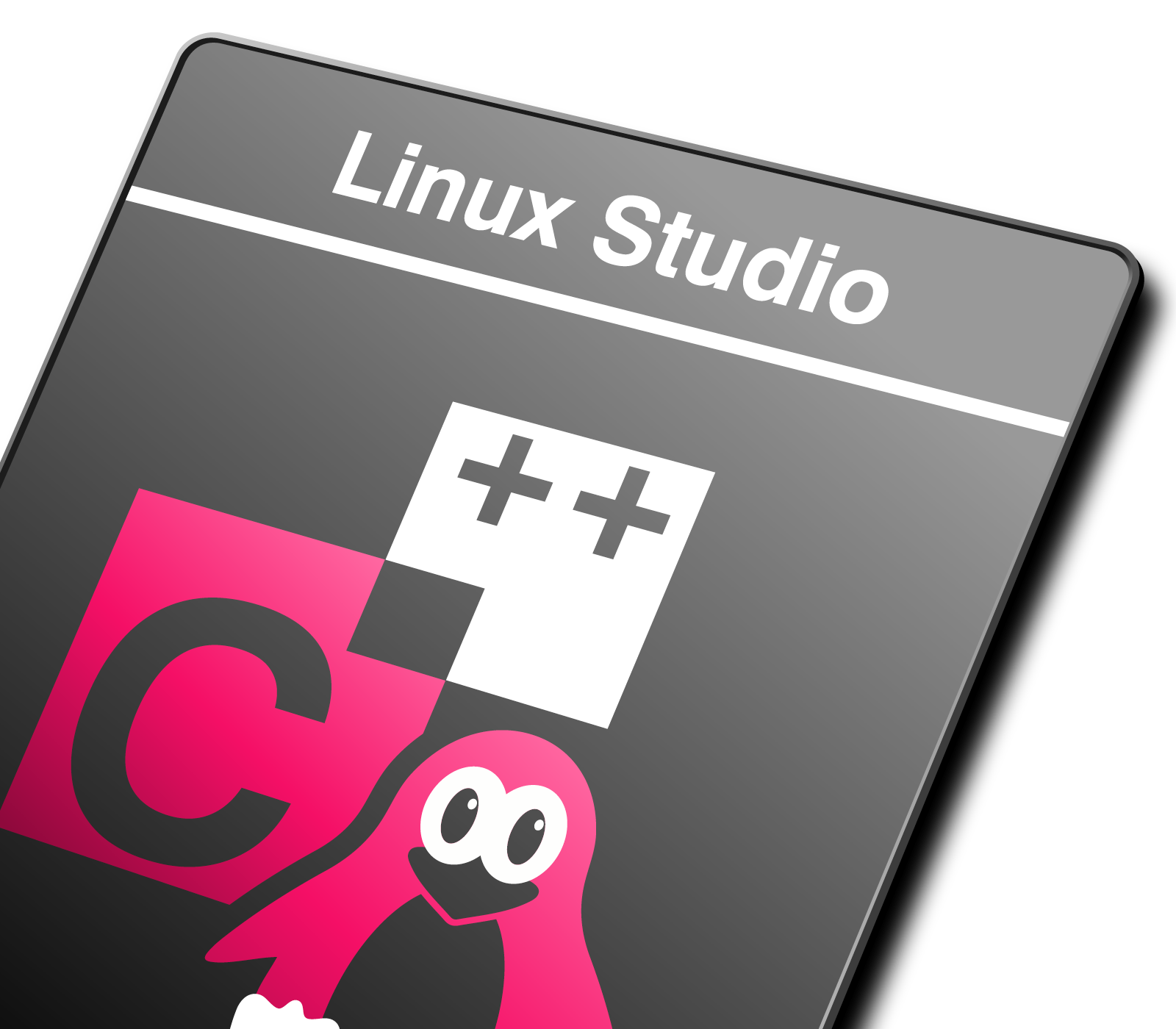 Linux Studio An image of a software box labeled "Linux Studio." The design features a pink "C" and two plus signs, alongside a cartoonish pink penguin character. The overall color scheme is black and gray, conveying a modern and technical theme associated with coding and development.