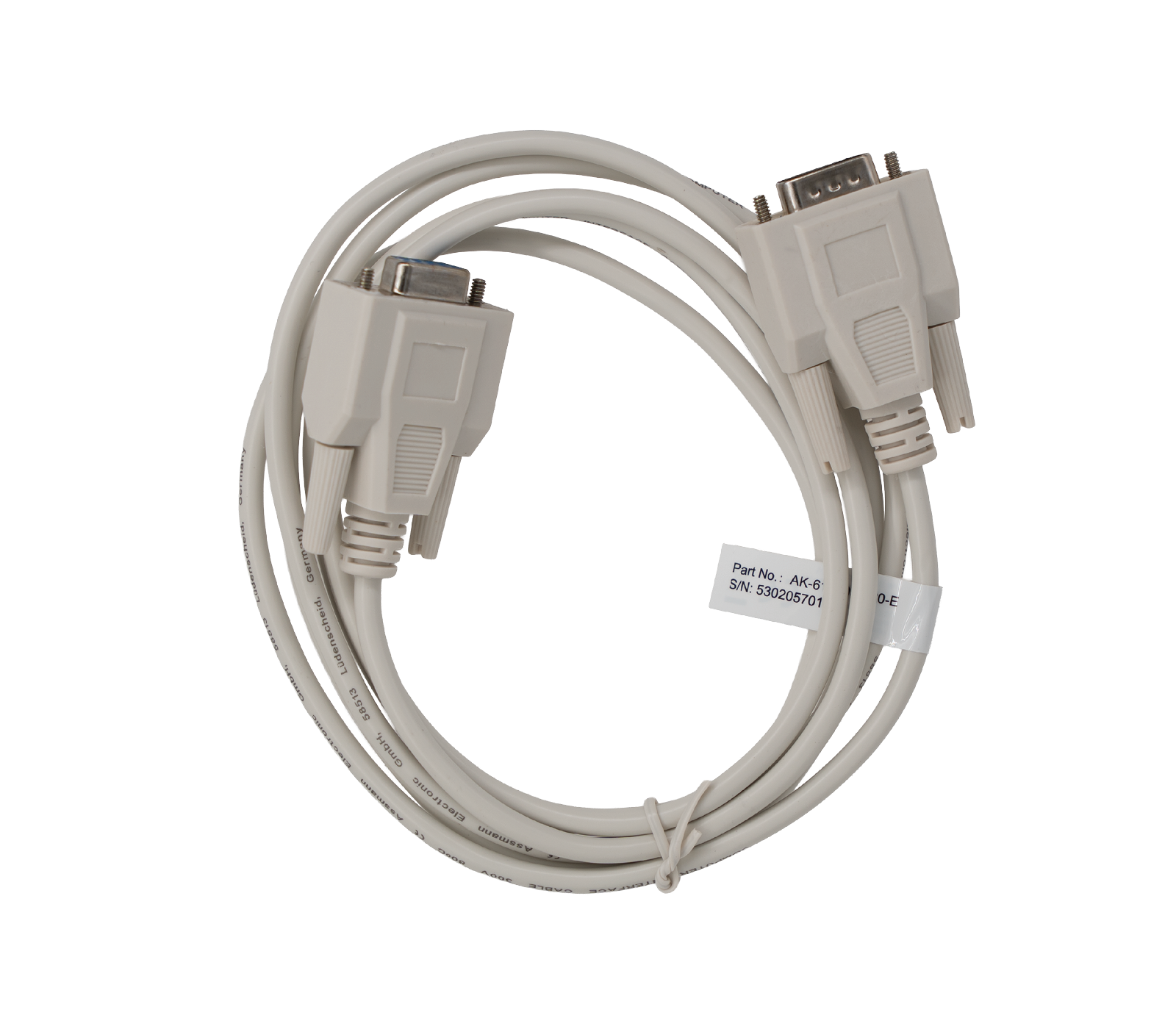 A coiled serial cable with two beige connectors at either end. The cable is designed for data transmission between devices, featuring a smooth outer casing and visible printed specifications along its length.