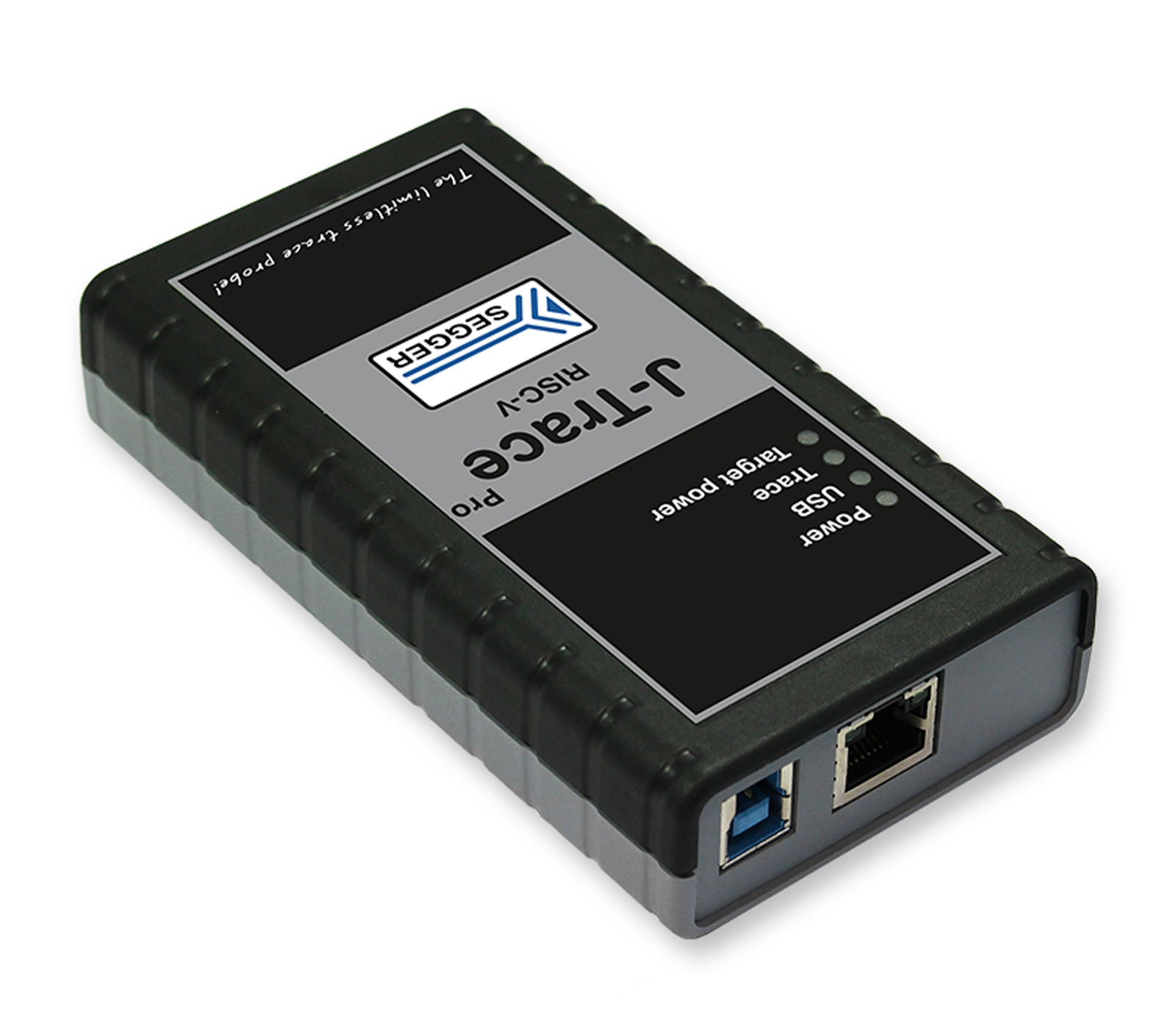 J-Trace PRO RISC-V A rectangular device with a black and gray casing featuring the label “J-TRACE Pro” from Seagate. The device has ports on one side, including a USB and an Ethernet connection, along with LED indicators for power and status.