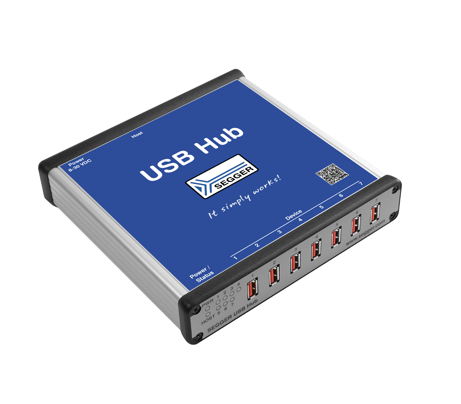 SEGGER USB Hub-7 A USB hub with a blue top surface displaying the text "USB Hub" and the SEGGER logo. The hub features multiple USB ports for connecting devices. It includes status indicators on one side and a power input labeled for voltage requirements. The design is compact and metallic.