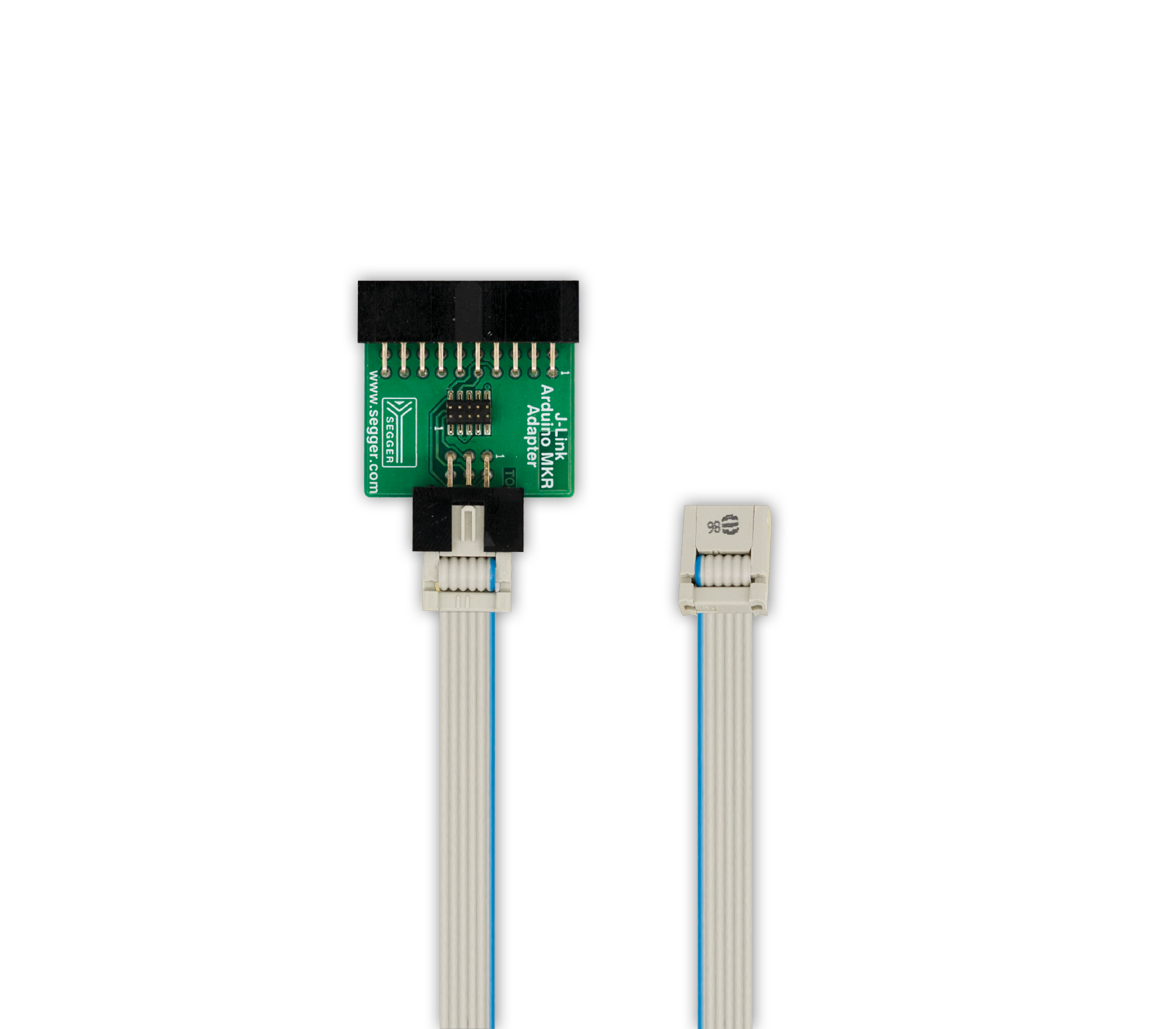 Arduino MKR Adapter An electronic circuit adapter is displayed, featuring a green printed circuit board (PCB) with multiple pins. A white cable with colored wires connects to the adapter, indicating functionality for programming or debugging with a device. The overall layout suggests a compact and specialized component for technical use.