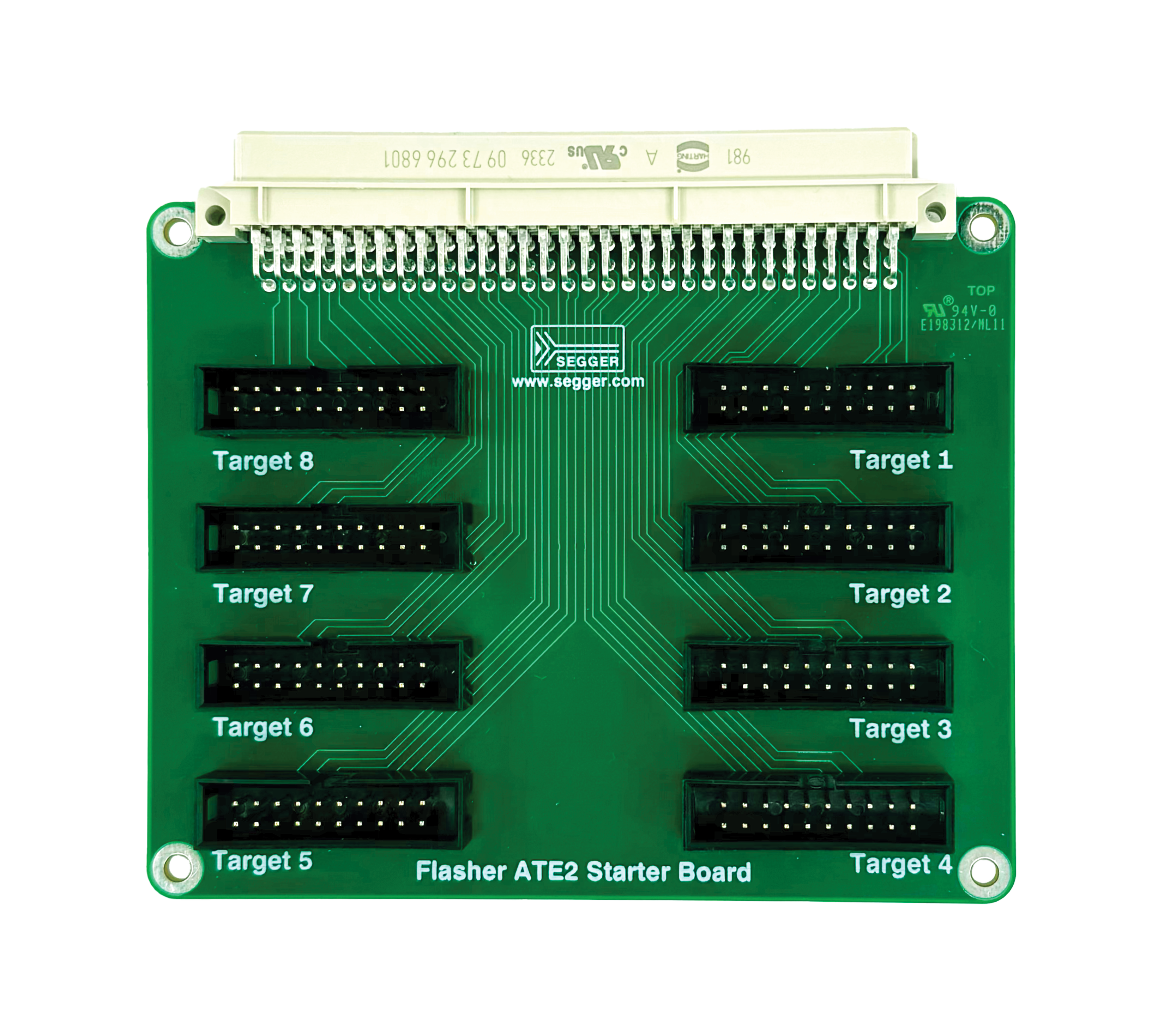 A green circuit board labeled "Flasher ATE2 Starter Board" features eight connector slots, each labeled "Target" followed by a number from one to eight. The board has a connector at the top for interfacing, with visible circuit patterns and labels indicating proper orientation.