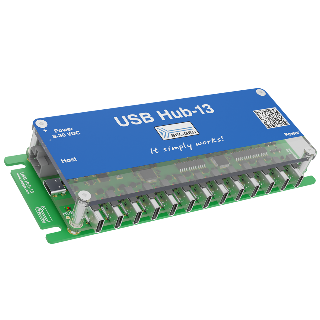 SEGGER USB Hub-13 A USB hub labeled "USB Hub-13" with a blue cover, featuring multiple USB ports on a green circuit board. The text “It simply works!” is printed on the cover. The hub is designed for power input between 8-30 VDC.