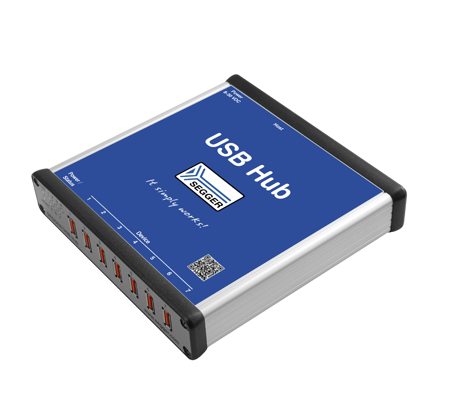 SEGGER USB Hub-7 An angled view of a blue SEGGER USB hub, featuring seven USB ports on one side. The design includes the text "USB Hub" and the slogan "It simply works!" clearly displayed on the top. The hub is framed by a silver casing.