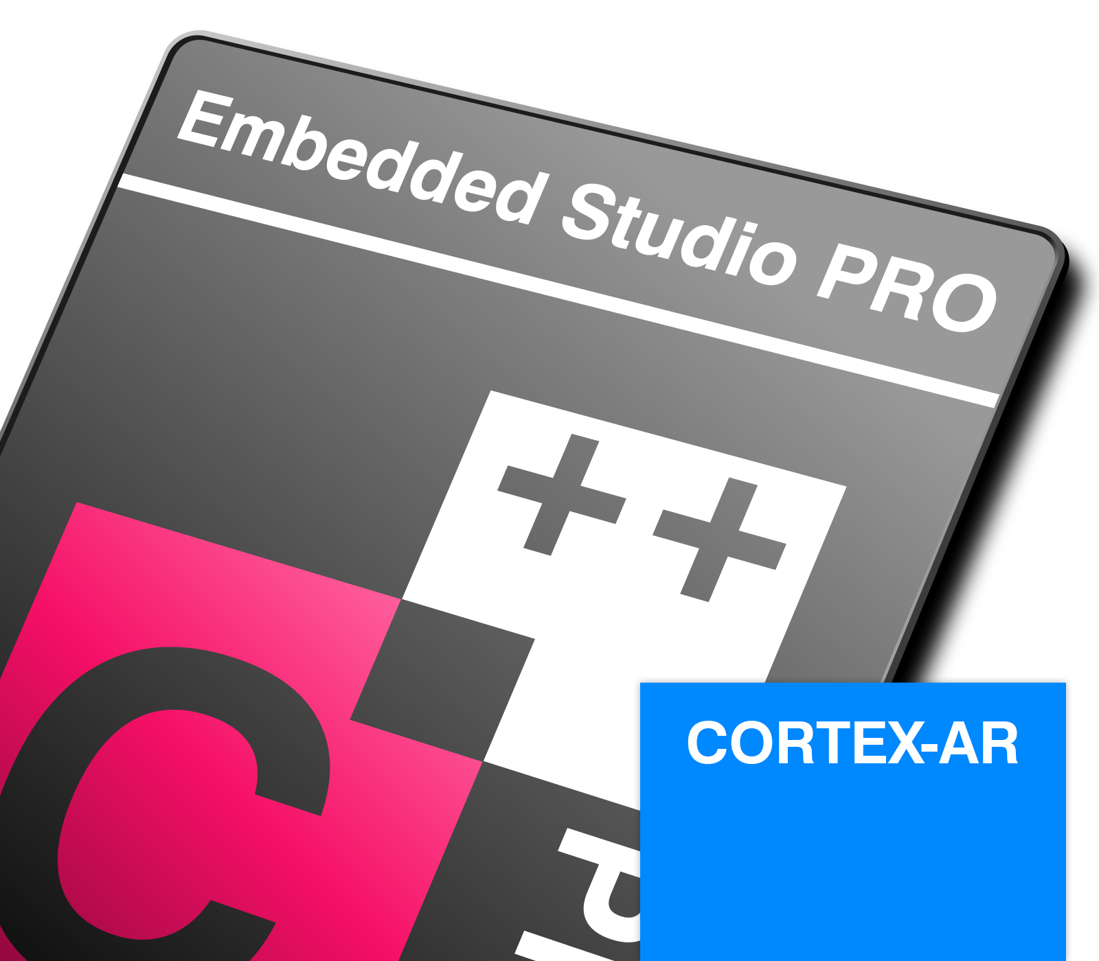 Embedded Studio PRO - Cortex-A/R edition Logo for Embedded Studio PRO, featuring a prominent pink "C" and plus signs, indicating programming capabilities. In the lower right corner, a blue box reads "CORTEX-AR." The design emphasizes embedded software development for ARM devices.