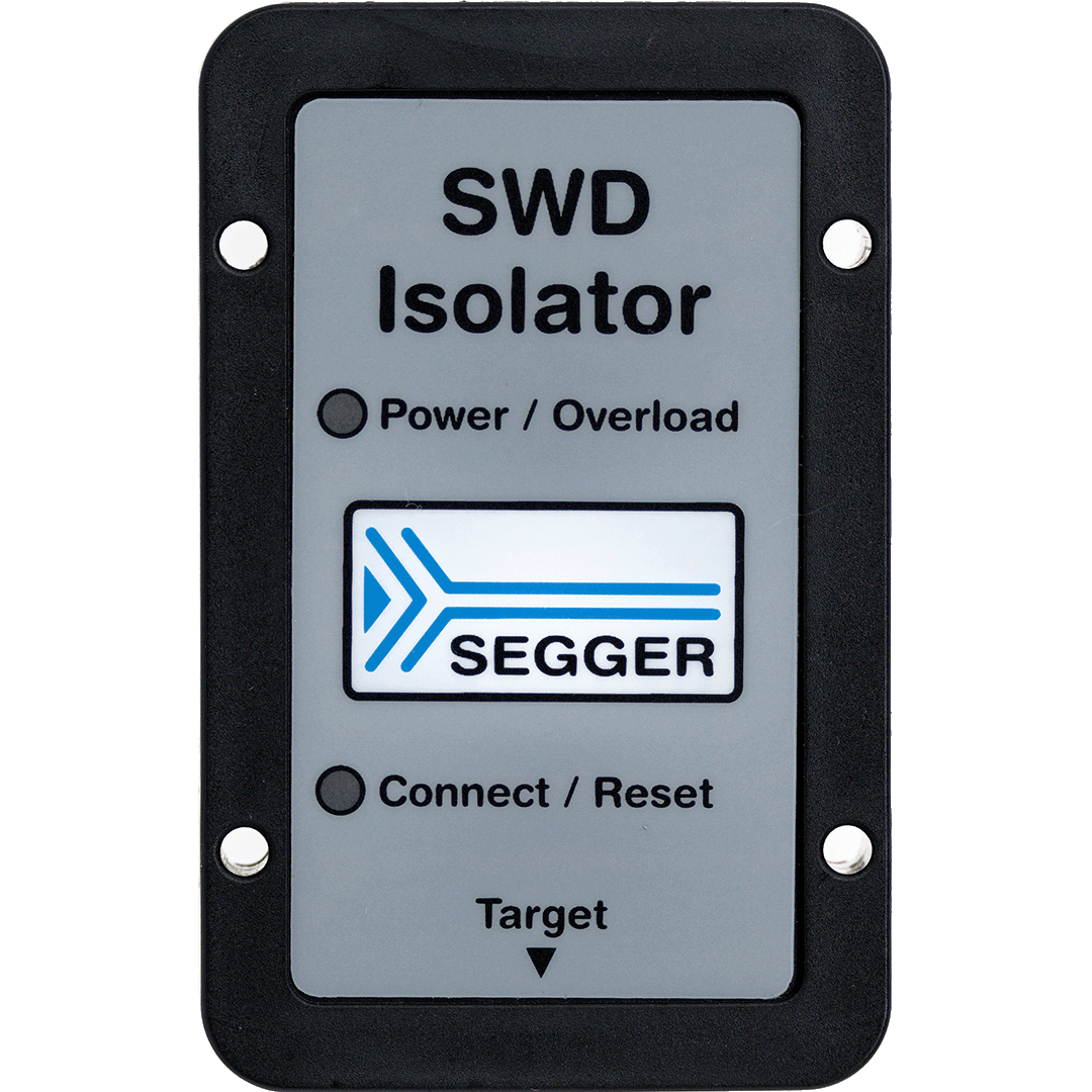 SWD Isolator A rectangular device labeled "SWD Isolator" with buttons for "Power / Overload," "Connect / Reset," and an arrow pointing to "Target." The brand name "SEGGER" is displayed prominently on the device.