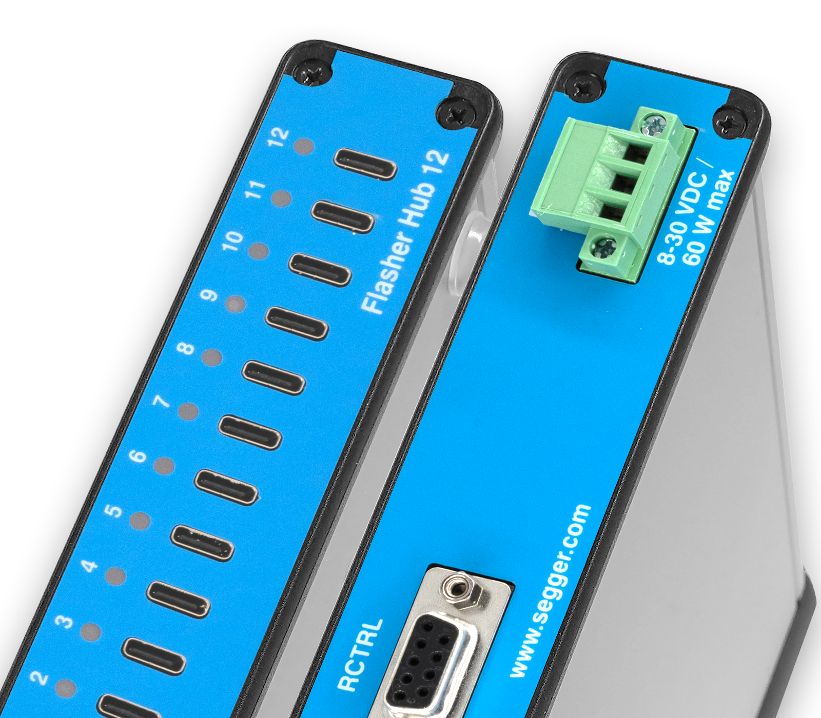 Flasher Hub-12 The image features a device labeled "Flasher Hub 12," with twelve numbered slots and connection points. It indicates voltage specifications of 8-30 VDC and a maximum power of 60 W. The device has a streamlined appearance typical of electronic hubs.