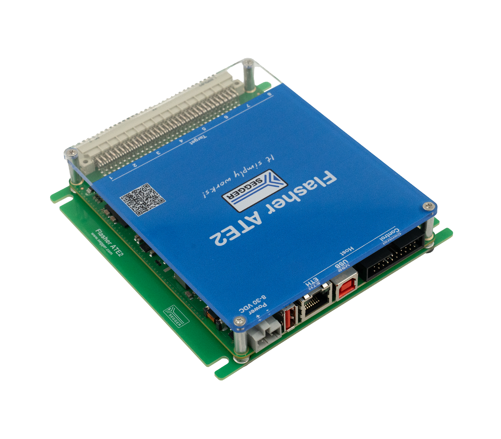 Flasher ATE2 (8 channel) An electronic device with a blue casing labeled "Flasher ATF32" sits on a green circuit board. It features multiple ports and connectors, including USB and power inputs, designed for programming or flashing functions in electronic applications.