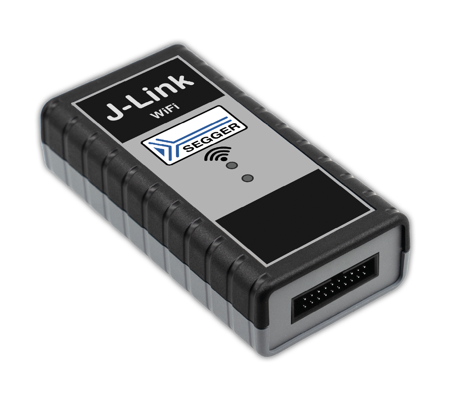 The image features a rectangular electronic device labeled "J-Link WiFi" with a logo and indicator lights. The device is primarily black with gray sides and has a connector at one end. It is used for programming and debugging embedded systems.