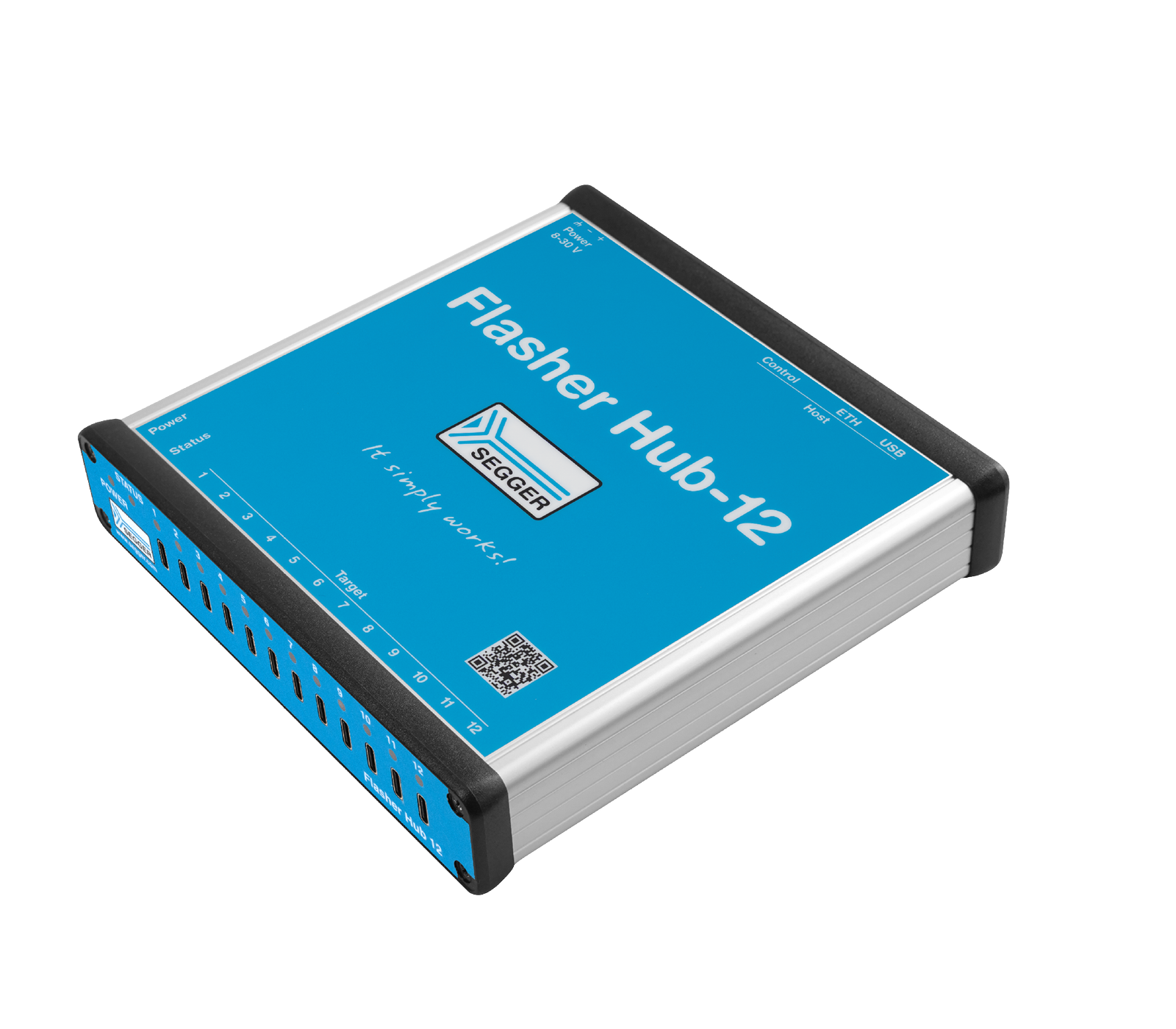 Flasher Hub-12 Image of a blue and silver device labeled "Flasher Hub-12" by SEGGER. The device features multiple connection ports on one edge and has indicators for power and status. A QR code is also present on the surface.