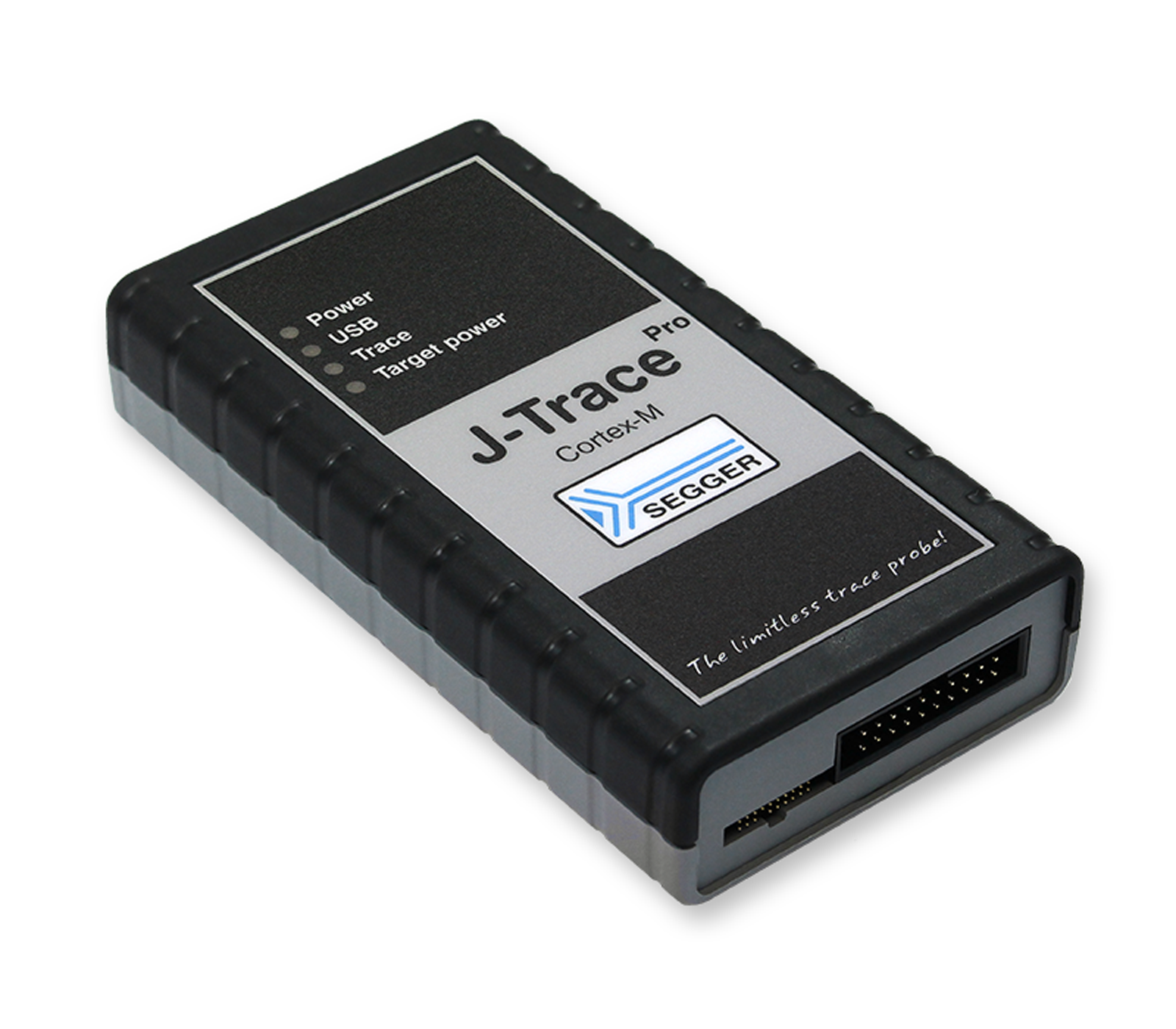J-Trace PRO Cortex-M A black rectangular device labeled "J-Trace Pro Cortex-M" is displayed. It features indicator lights for power, USB, trace, and target power. The device is designed for programming and debugging microcontrollers, emphasizing its capability with the tagline "The limitless trace probe!"