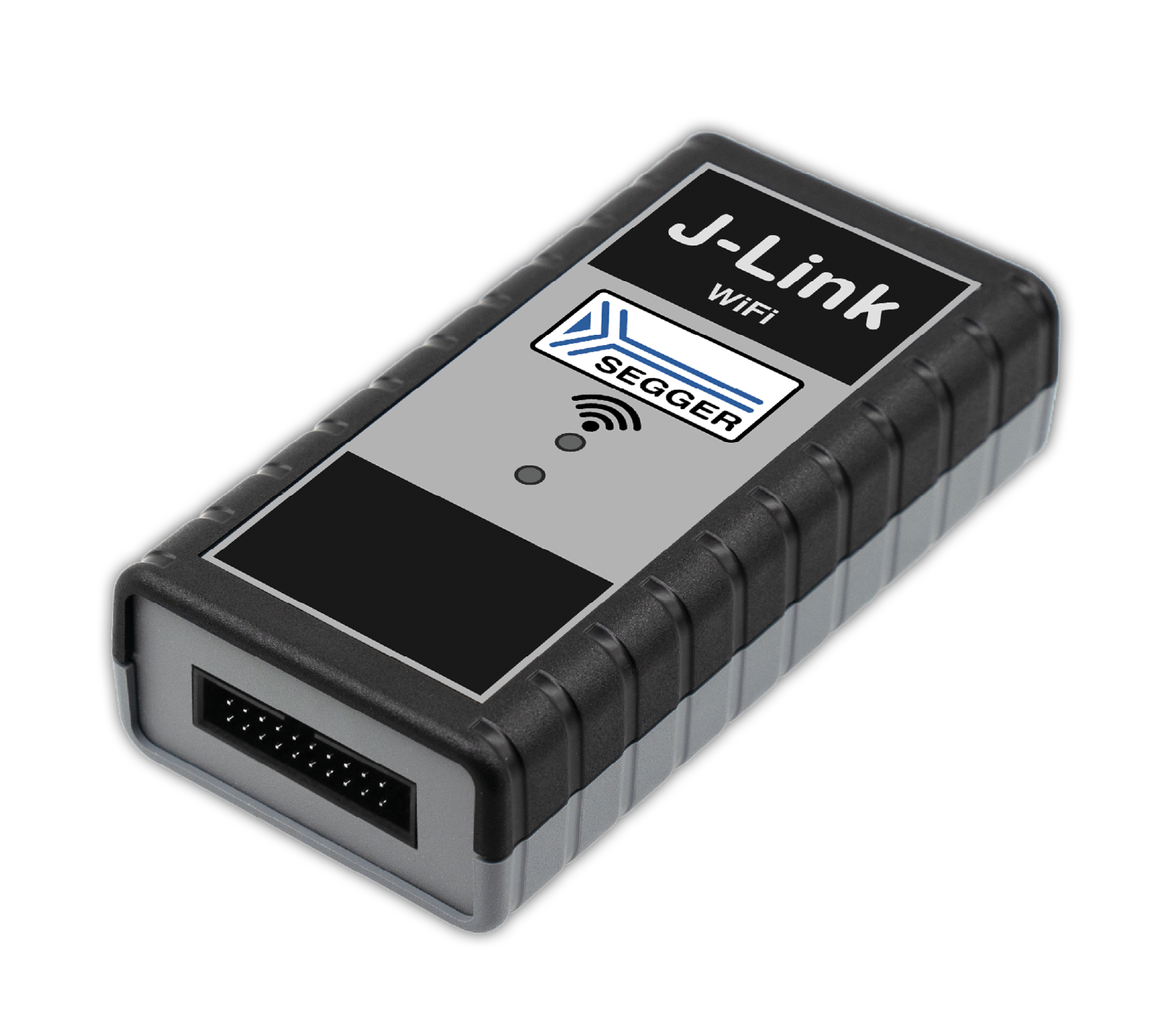 A small, rectangular electronic device labeled "J-Link WiFi" with a SEGGER logo. The device features a black and gray design with a connector interface at one end. It is intended for wireless debugging and programming in embedded systems.