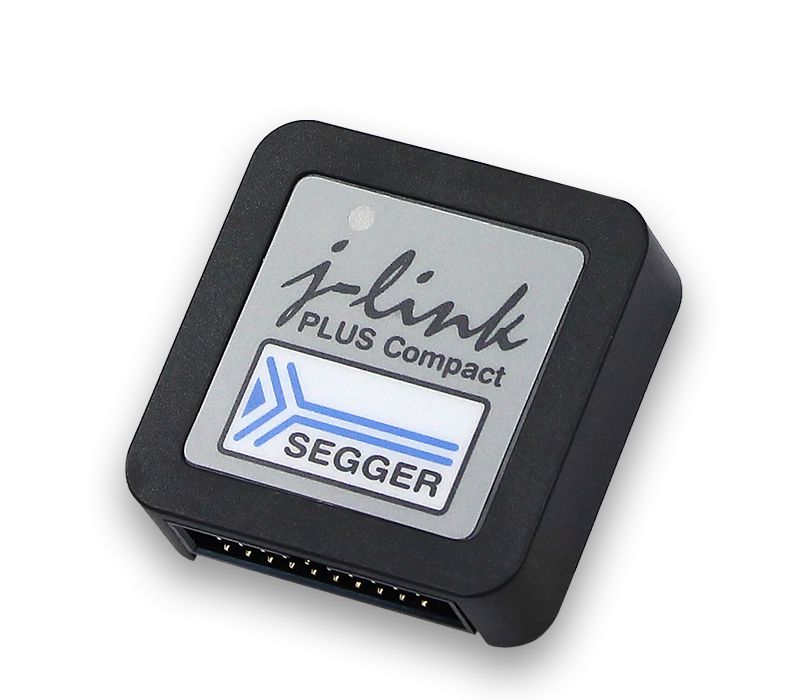 J-Link PLUS Compact A compact black debugging tool labeled "j-link PLUS Compact" with the SEGGER logo. The tool features connectors on one side for interfacing with development boards, enabling programming and debugging of embedded systems.