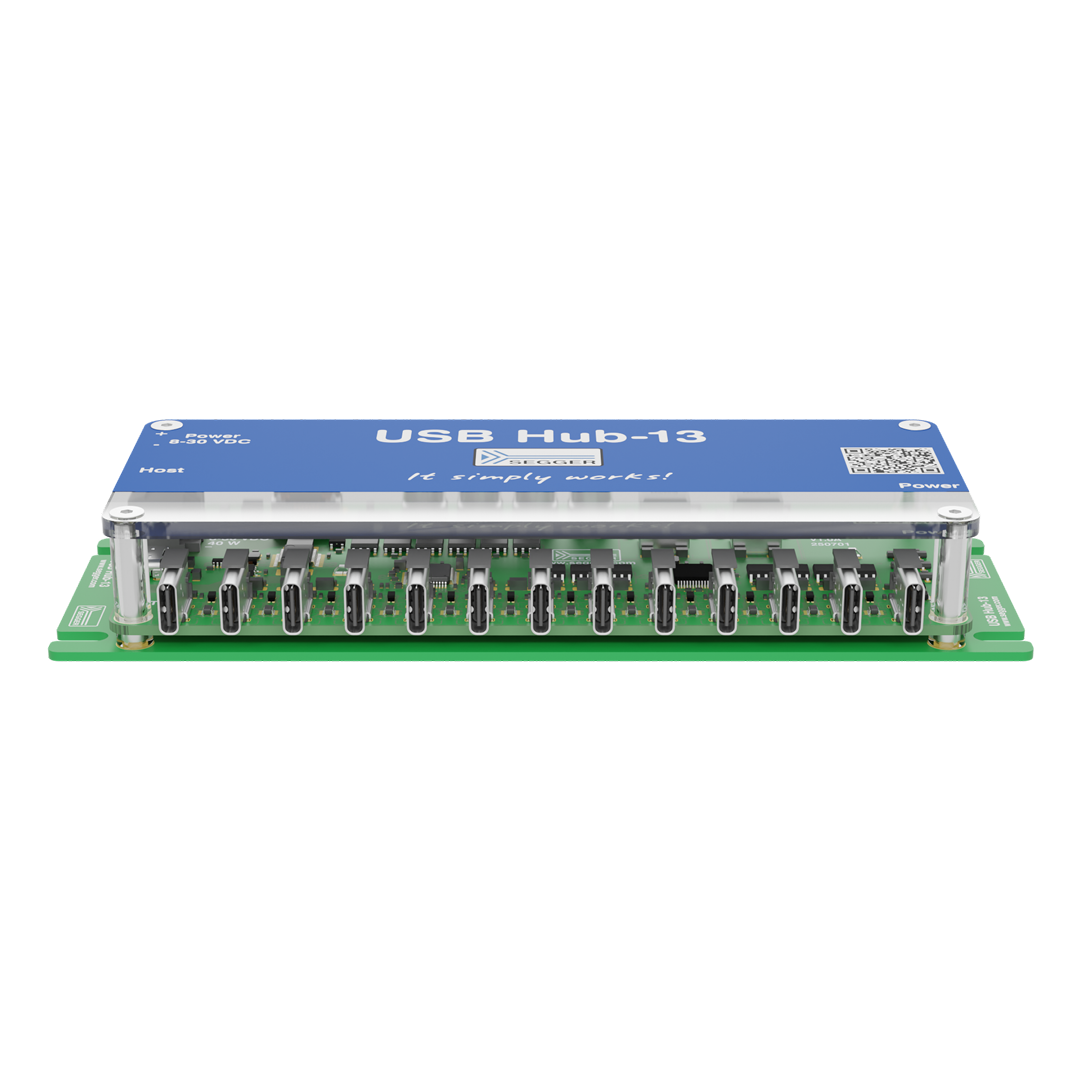 SEGGER USB Hub-13 Image shows a USB hub with 13 USB-C ports on a green circuit board. The top features a blue label with the text "USB Hub-13" and "It simply works!" The hub is designed for connecting multiple USB devices.