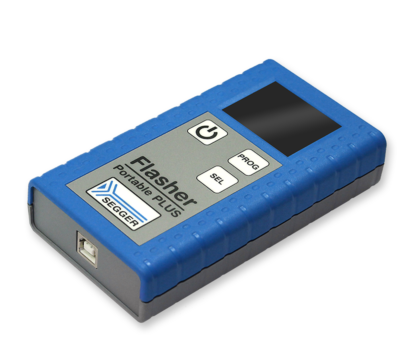 Flasher Portable PLUS The image displays a compact, rectangular device called "Flasher Portable PLUS" with a blue casing and a grey button panel. It features three buttons: power, program, and select, along with a small screen for functionality. The device is designed for programming applications.