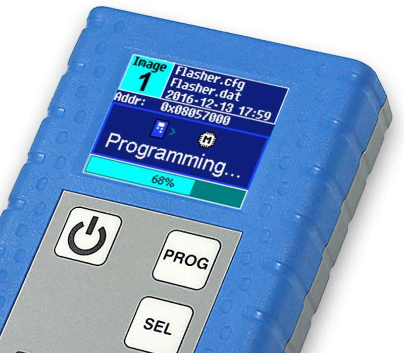 Flasher Portable PLUS A blue device features a digital screen displaying programming progress at 68%. The screen shows file names, a date, and an address. Several buttons are located beneath the screen, labeled "Power," "Prog," and "Sel," suggesting functionality for device operation or navigation.