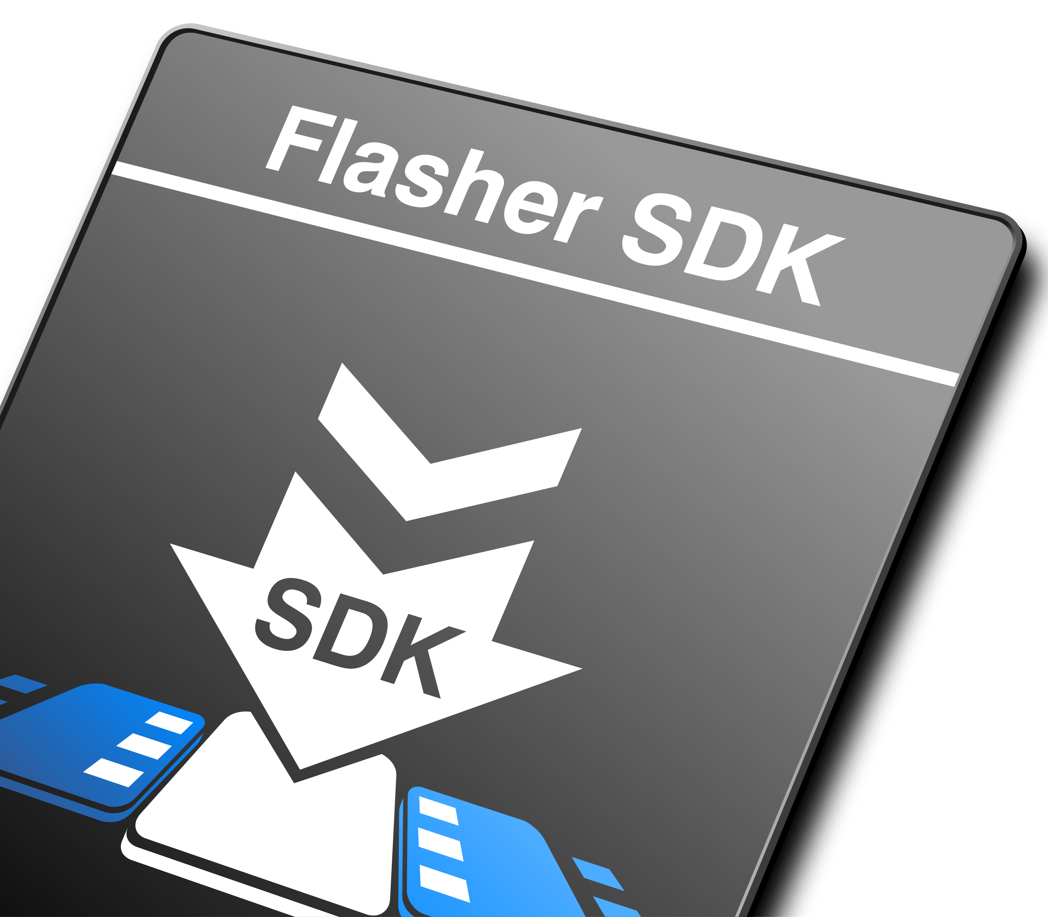 Flasher SDK Image of a card displaying the text "Flasher SDK" at the top. Below, there is a graphic featuring a downward arrow with the letters "SDK" prominent in the center. The background is a gradient from light to dark gray with blue elements at the bottom.