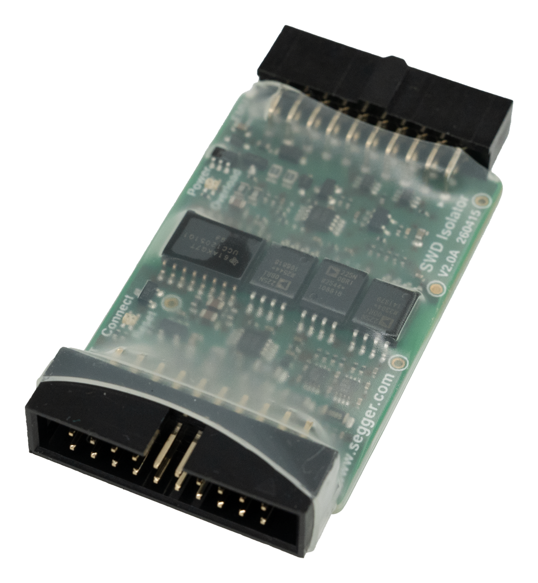 A green circuit board featuring various components, including chips and connectors. The top section has multiple pins for connection, and the visible text includes "SWD Isolator" and "V2.0A." The board is partially covered in a transparent protective layer.
