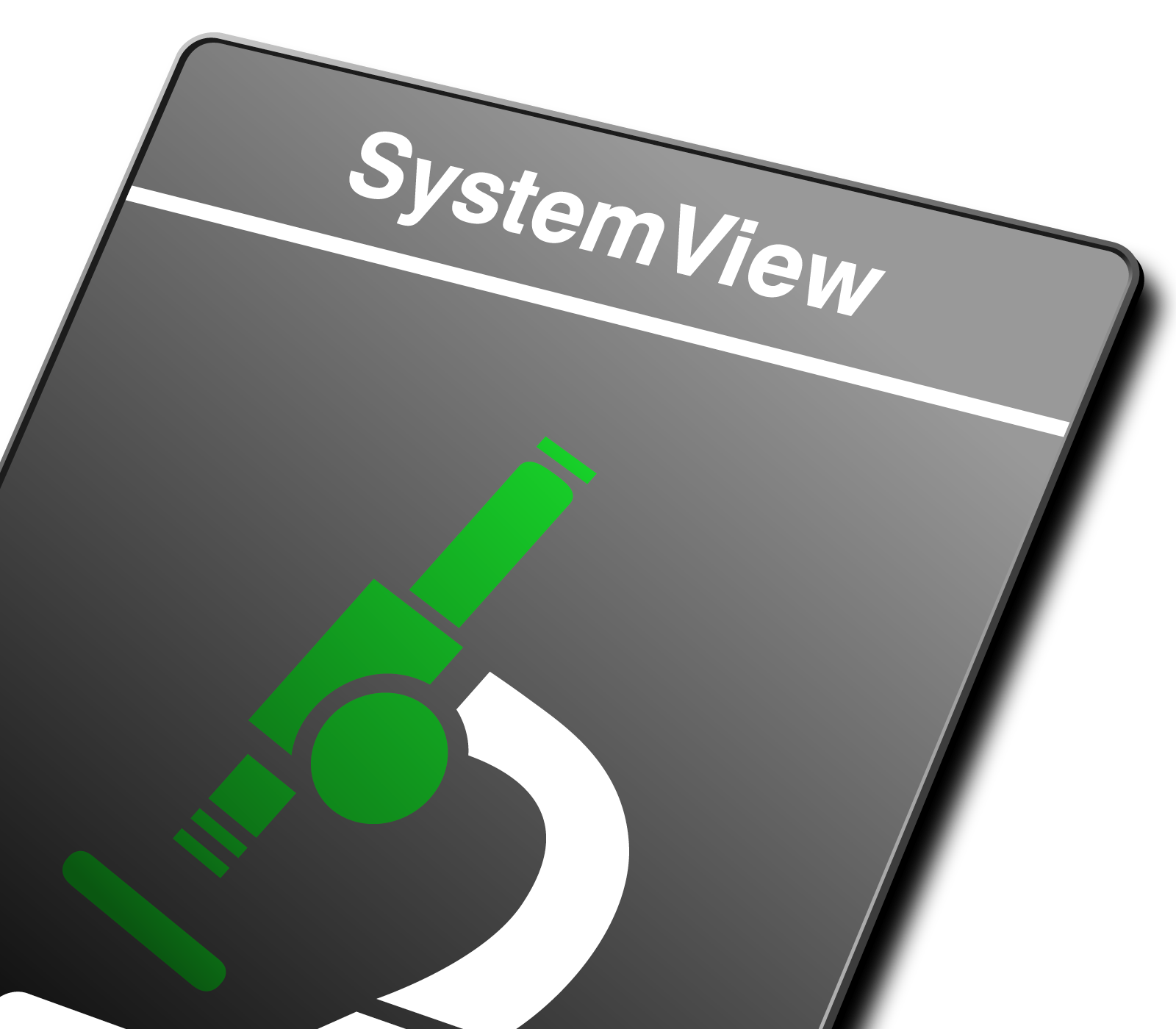 SystemView A dark gray rectangular icon with the text "SystemView" at the top. Below, a green stylized illustration of a device resembling a microscope or inspection tool, with a barrel and a circular base. The overall design suggests a focus on technology or analysis.