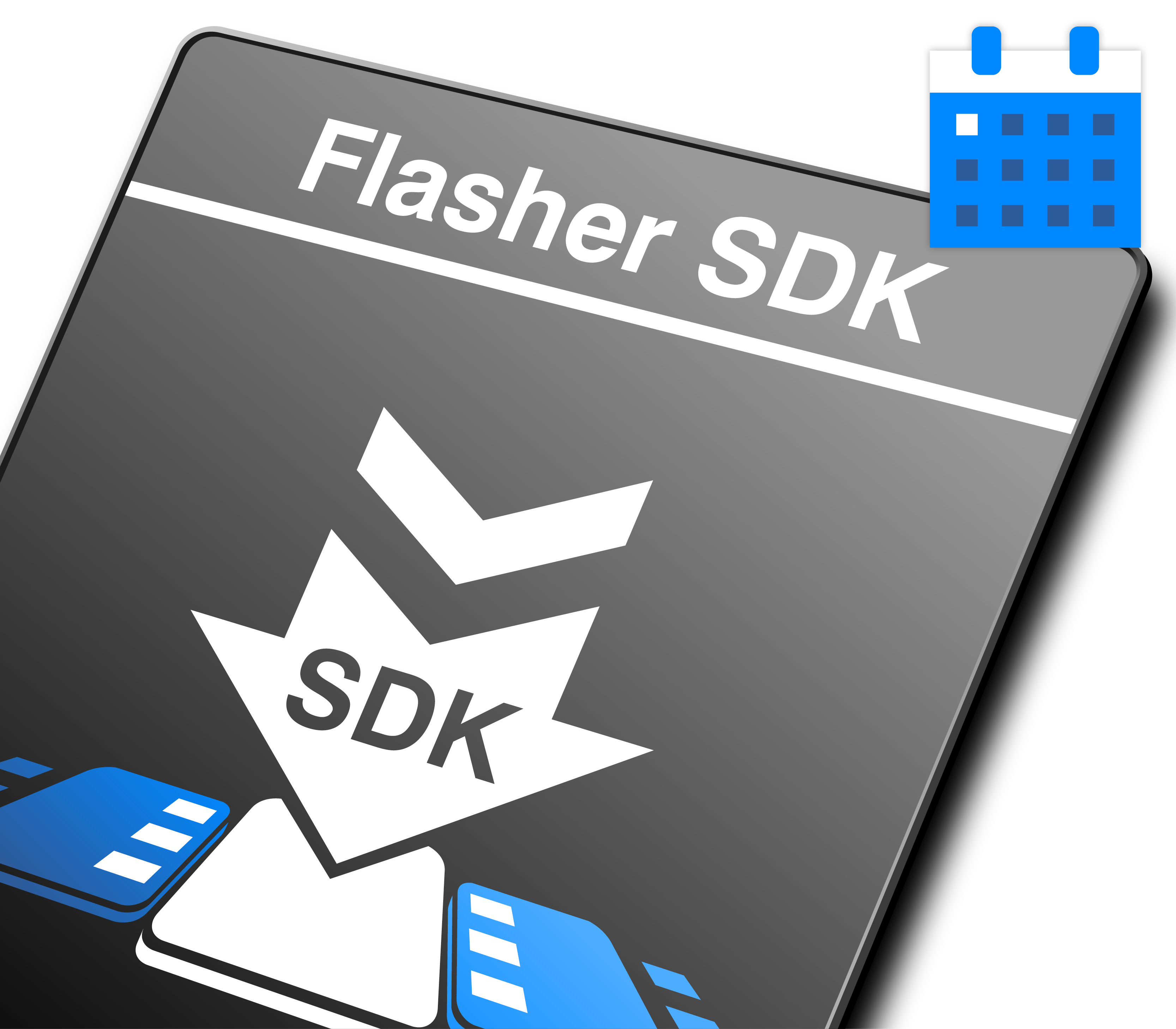 Flasher SDK – extension Graphic representing the "Flasher SDK," featuring a downward arrow and the acronym "SDK." The design includes elements resembling storage cards and a calendar icon, suggesting functionality related to software development and scheduling. The color scheme is predominantly gray, with blue accents.