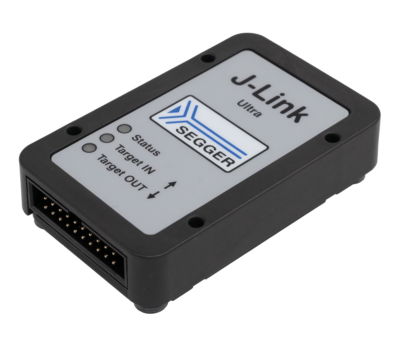 A rectangular black device with a gray label, featuring the text "J-Link Ultra" and the SEGGER logo. It has three status indicator lights and labeled ports for "Target IN" and "Target OUT" at the bottom. The device is used for programming and debugging.