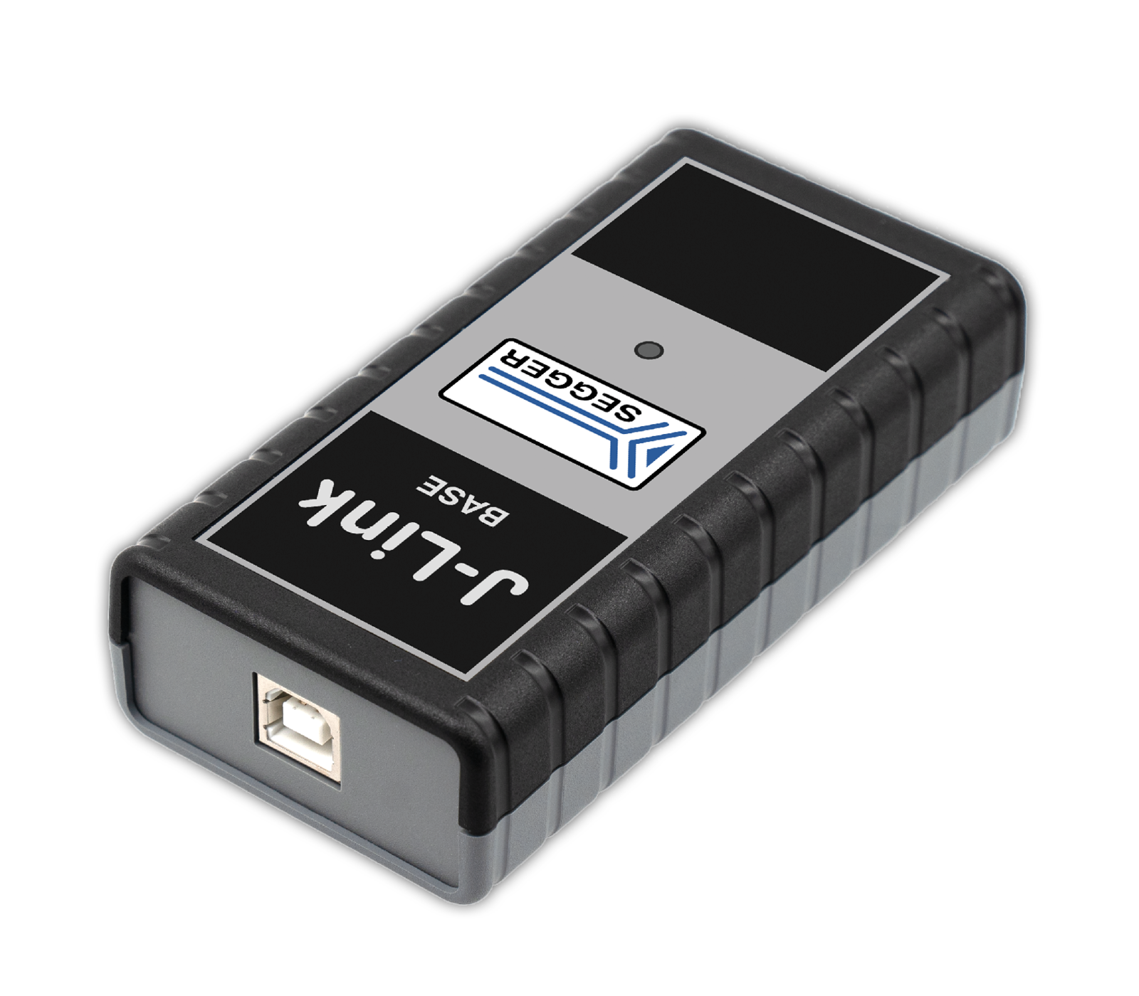 A black and gray electronic device labeled "J-LINK BASE" with a small USB port on one end. It features a logo that appears to be from a brand named "SEGGAR." The device has a rugged, textured casing with raised edges for grip.
