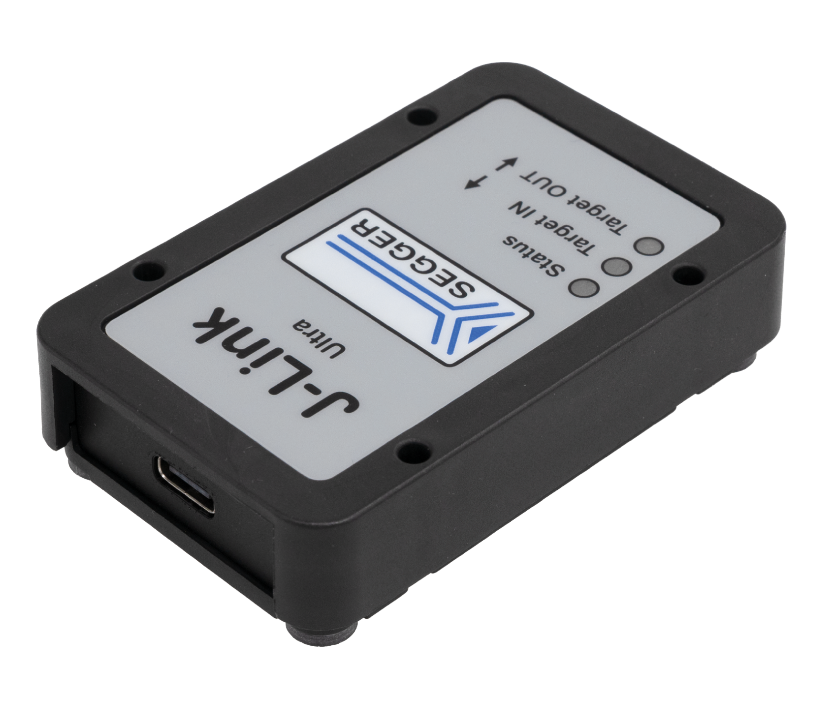 The image features a rectangular electronic device with a black casing and a gray label. The label displays the text "J-Link" and "Segger" along with three indicator lights and directional arrows for input and output connections. The device has a USB-C port.