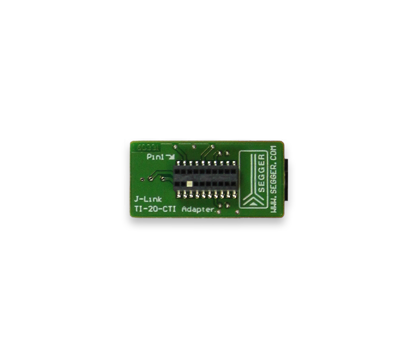 TI-CTI-20 Adapter A small green circuit board featuring a connector with several pins labeled "J-Link" and "TI-20-CTI Adapter." The board has printed text and circuit lines but is otherwise simple in design, with no additional graphics or elements.