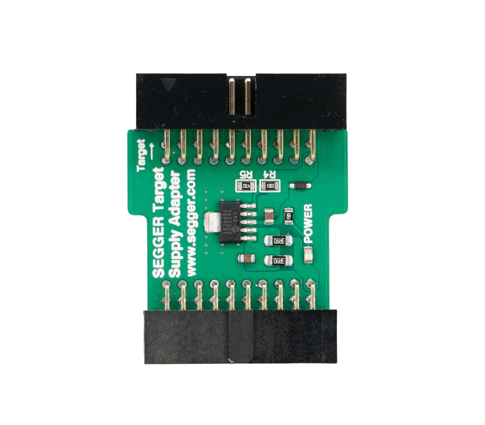 Target Supply Adapter A green circuit board named "SEGGER Target Supply Adapter" featuring various electronic components including resistors and a microchip. It has connectors on both ends, indicating its use for connecting with different devices. The design focuses on functionality for electronic development and testing.