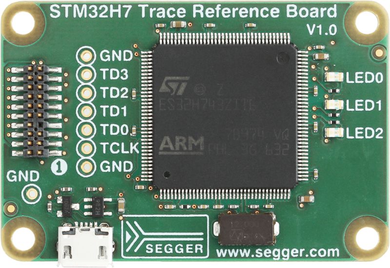 STM32H7 Trace Reference Board Image of an STM32H7 Trace Reference Board, featuring a central microcontroller, labeled pins for ground and trace data connections, and three indicator LEDs. The board is predominantly green with electronic components and connectors for integration into projects.
