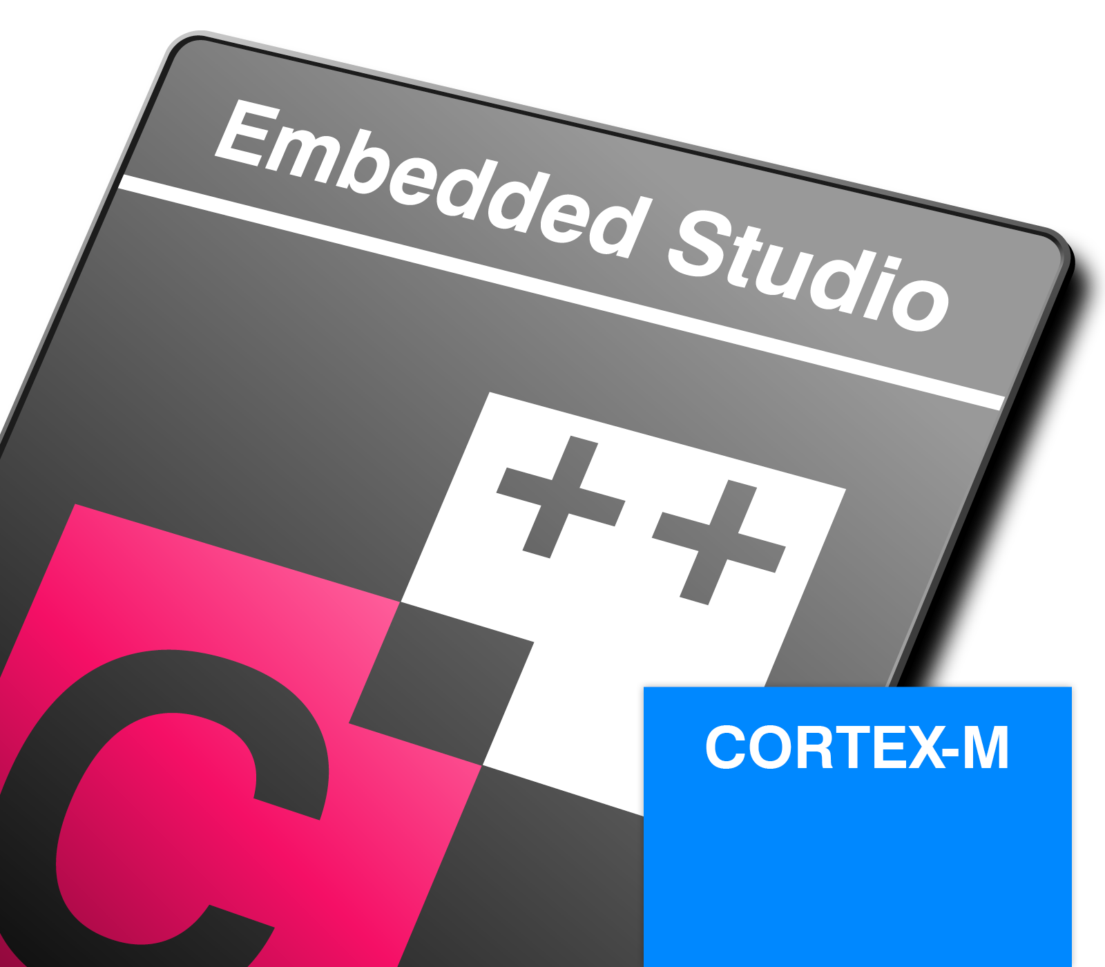 Embedded Studio Cortex-M edition The image features a software logo for "Embedded Studio," prominently displaying the text "C++" in a stylized design. Additionally, there is a blue box labeled "CORTEX-M," indicating a focus on microcontroller development. The overall color scheme includes black, pink, and blue elements.