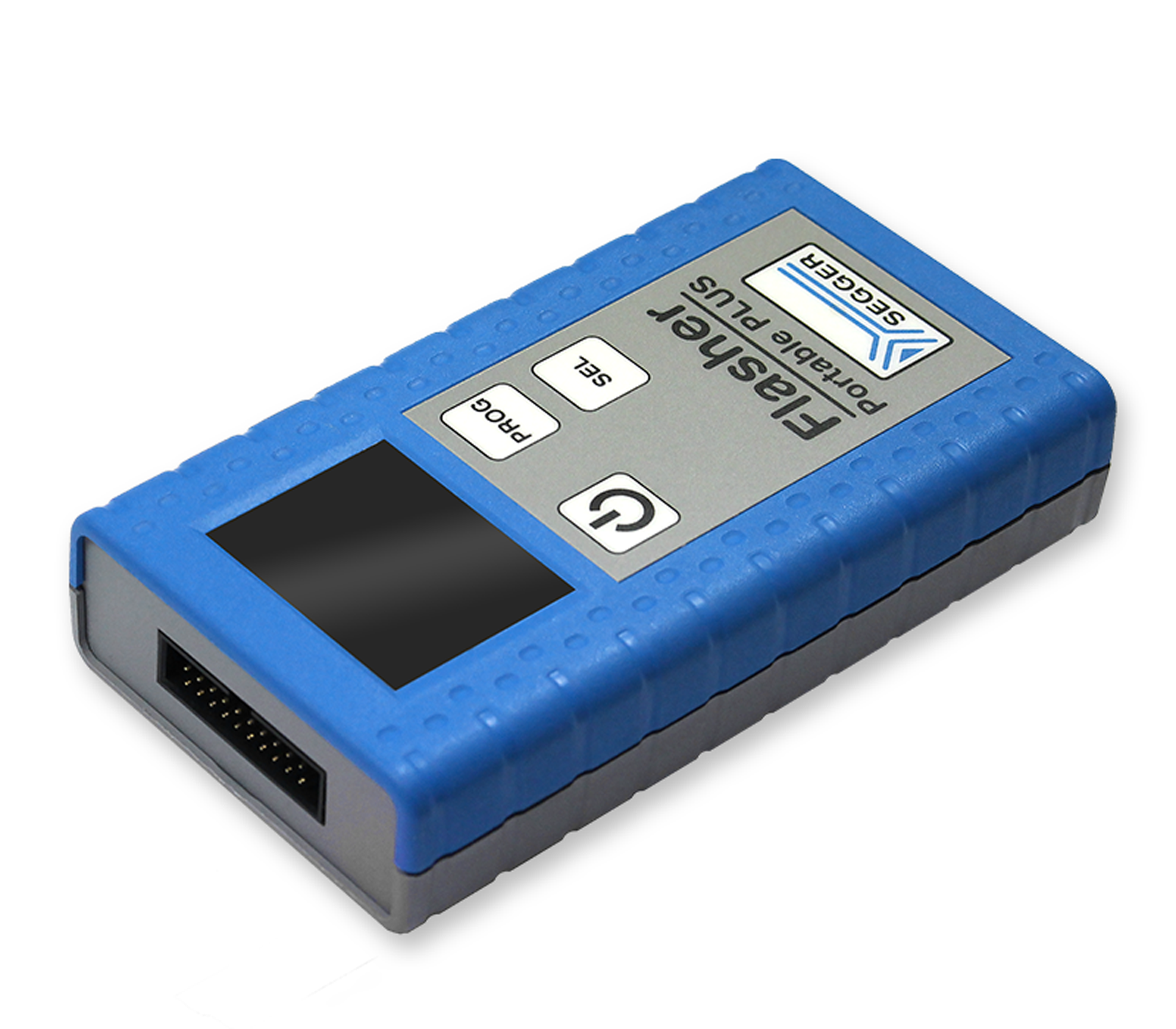 Flasher Portable PLUS A blue and gray portable device labeled "Falsher Portable Plus." It features three buttons labeled "PROG," "SEL," and a power symbol. The device has a small display area and a connector on one side, commonly used for data transfer or programming tasks.