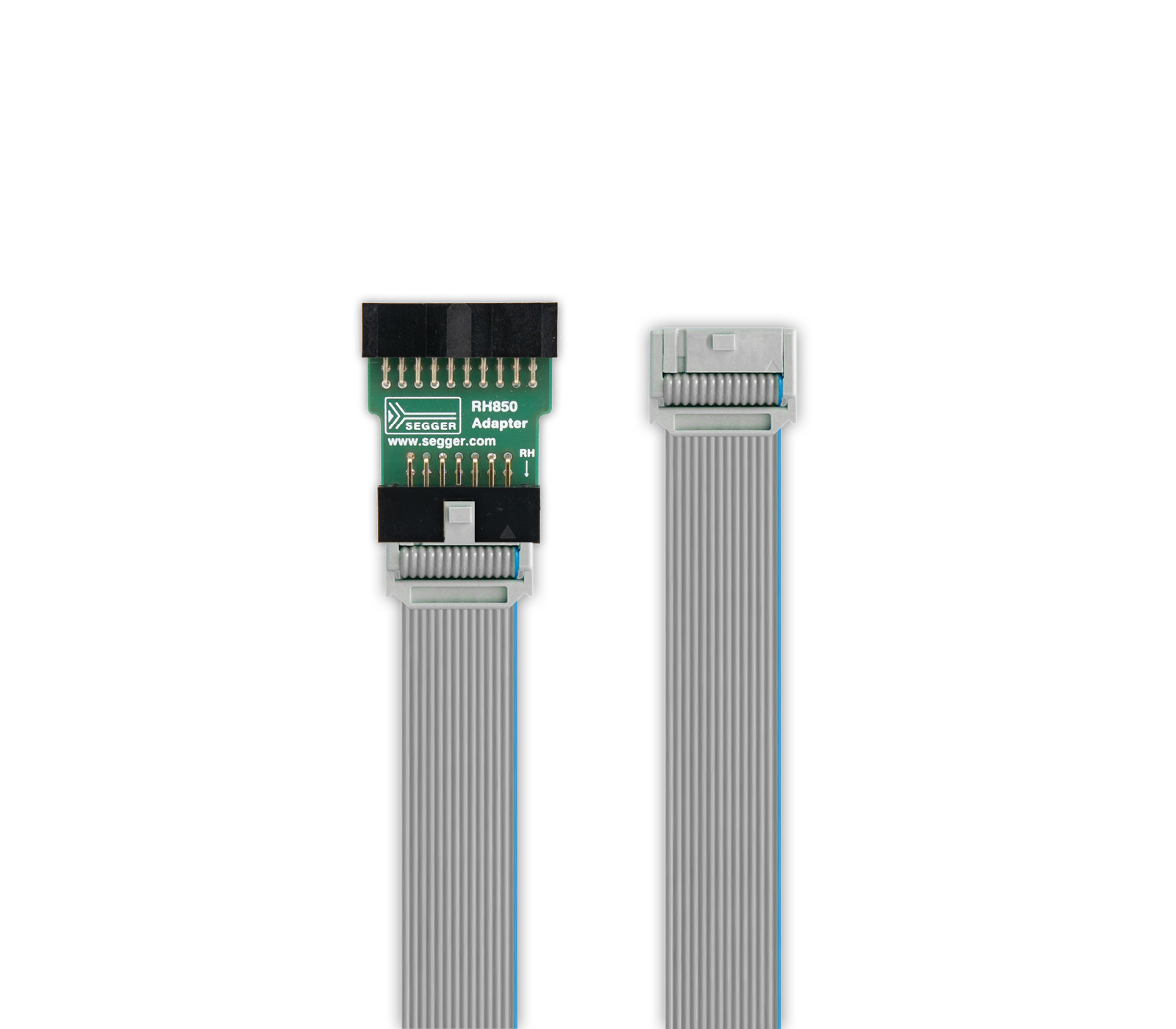 An RH850 adapter is shown in the image, featuring a rectangular connector with multiple pins on one end and a flat cable extending from it. The cable is light gray with visible separating lines, designed for electronic device connections.