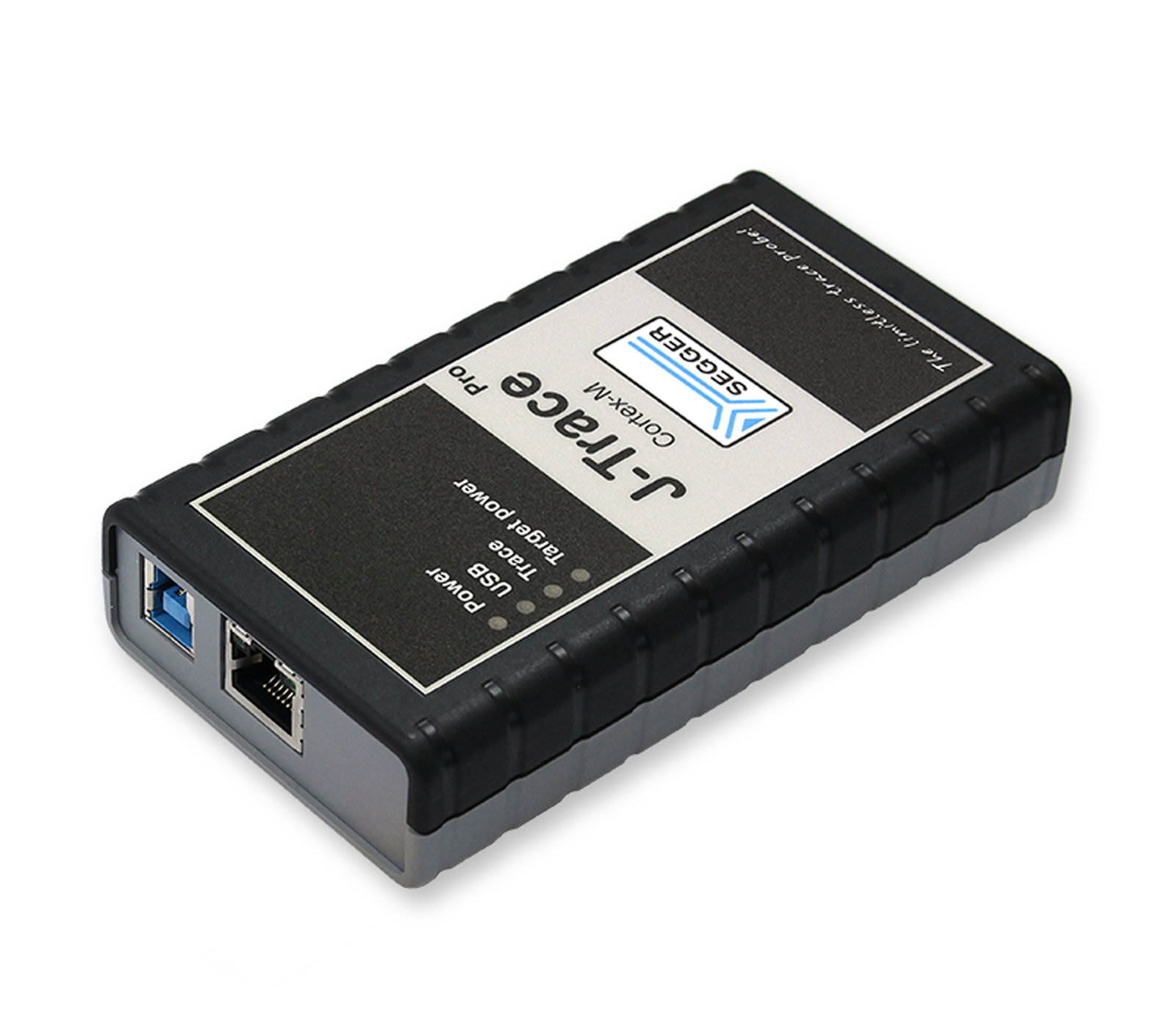 J-Trace PRO Cortex-M A black rectangular device with a label identifying it as "J-Trace Pro" sits at an angle. It features USB ports on one side and has a textured surface for grip. The device is used for programming and debugging electronic devices.