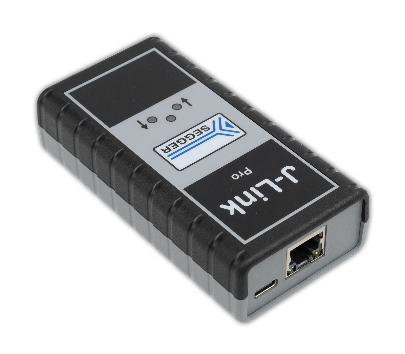 A small, rectangular electronic device with a rugged design, labeled "J-Link PRO". It features a USB-C port and an Ethernet port on one end, with buttons and indicator lights on the top. It is primarily used for programming and debugging electronic devices.