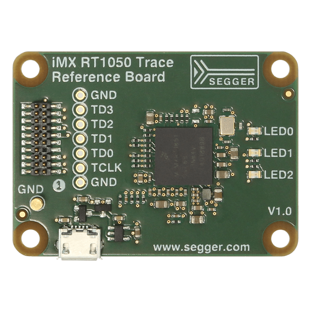 NXP iMX RT1050 Trace Reference Board Image of an iMX RT1050 Trace Reference Board with various electronic components, including pins labeled GND, TD0-TD3, and TCLK. The board features an integrated chip and several LEDs labeled LED0, LED1, and LED2. The version number is V1.0, and the manufacturer's website is displayed.