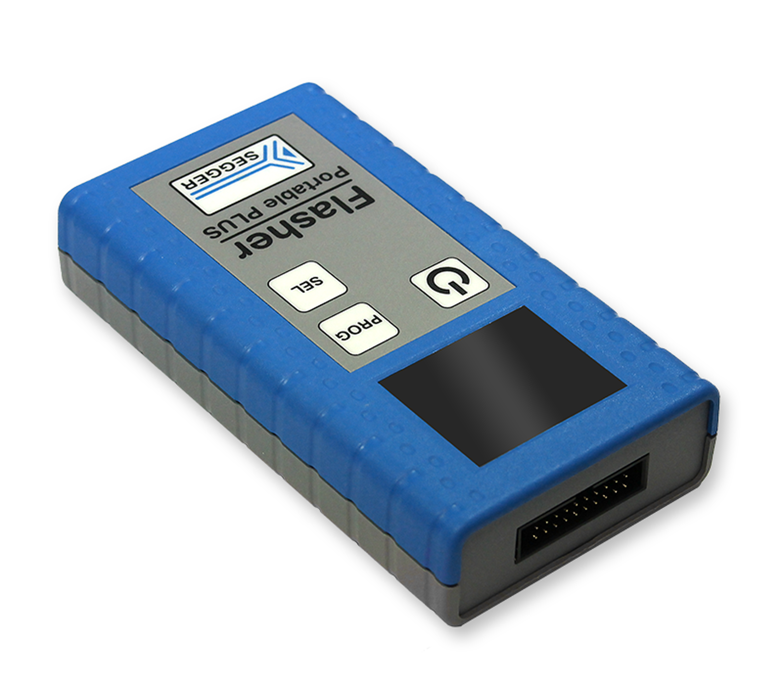 Flasher Portable PLUS A small, rectangular device with a blue and gray casing, labeled "FlashTester Portable Plus." The device features several buttons, including "SEL," "PROG," and a power symbol, and has a black screen area. It is designed for testing electronic components.