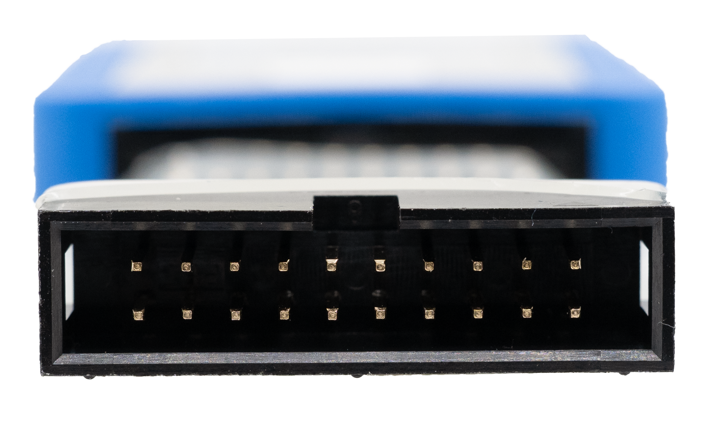 A close-up view of a black electronic connector, displaying multiple gold pins inside. The connector is rectangular with a broad opening, designed for interfacing with compatible devices. A blue connector is faintly visible in the background.