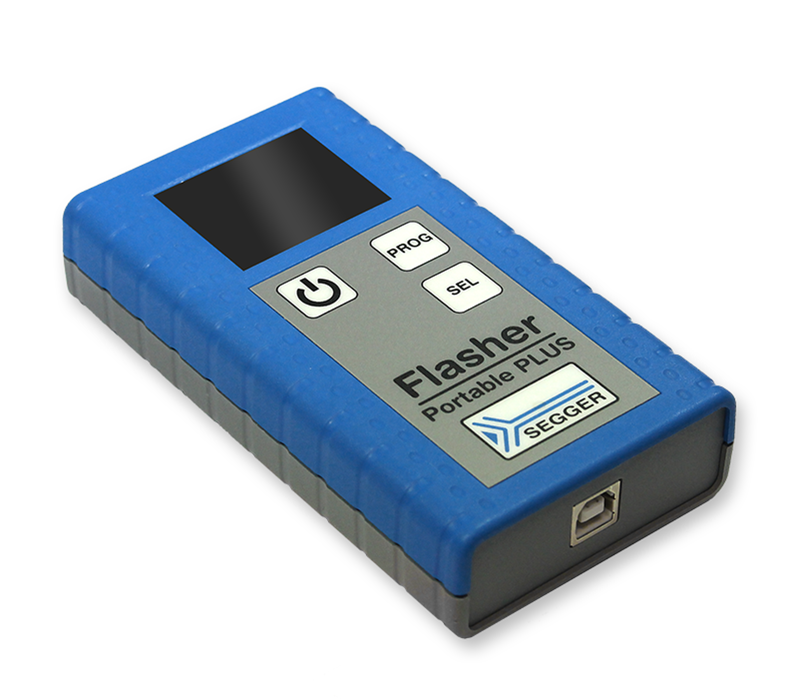 Flasher Portable PLUS A rectangular handheld device with a blue exterior and a gray interface, labeled "Flasher Portable PLUS." It features a small display screen and three buttons: one for power and two labeled "PROG" and "SEL." The device is designed for programming applications.