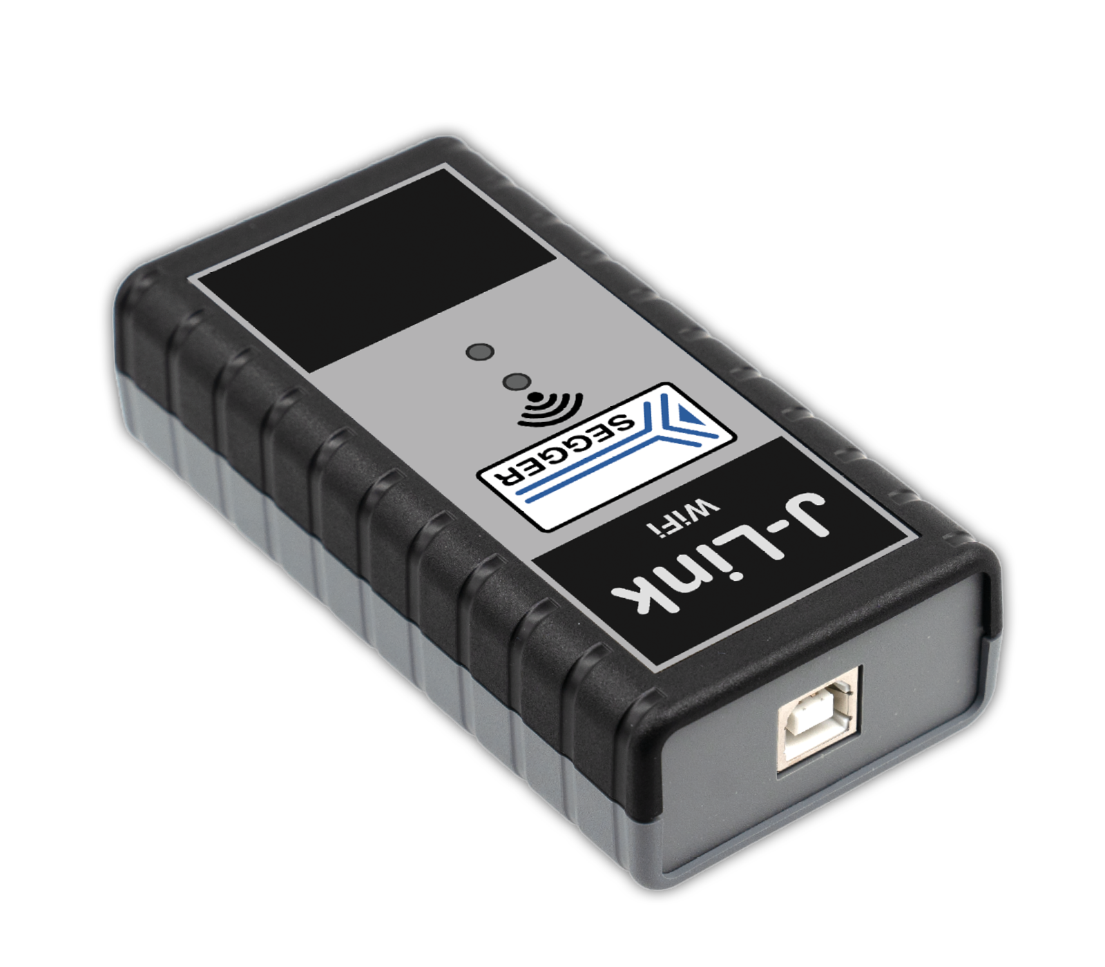 A rectangular electronic device with rounded edges, featuring a gray and black design. The top has a logo and indicator lights. One end has a USB port. This device is identified as a 'J-Link WiFi' connector, commonly used for wireless programming or debugging.