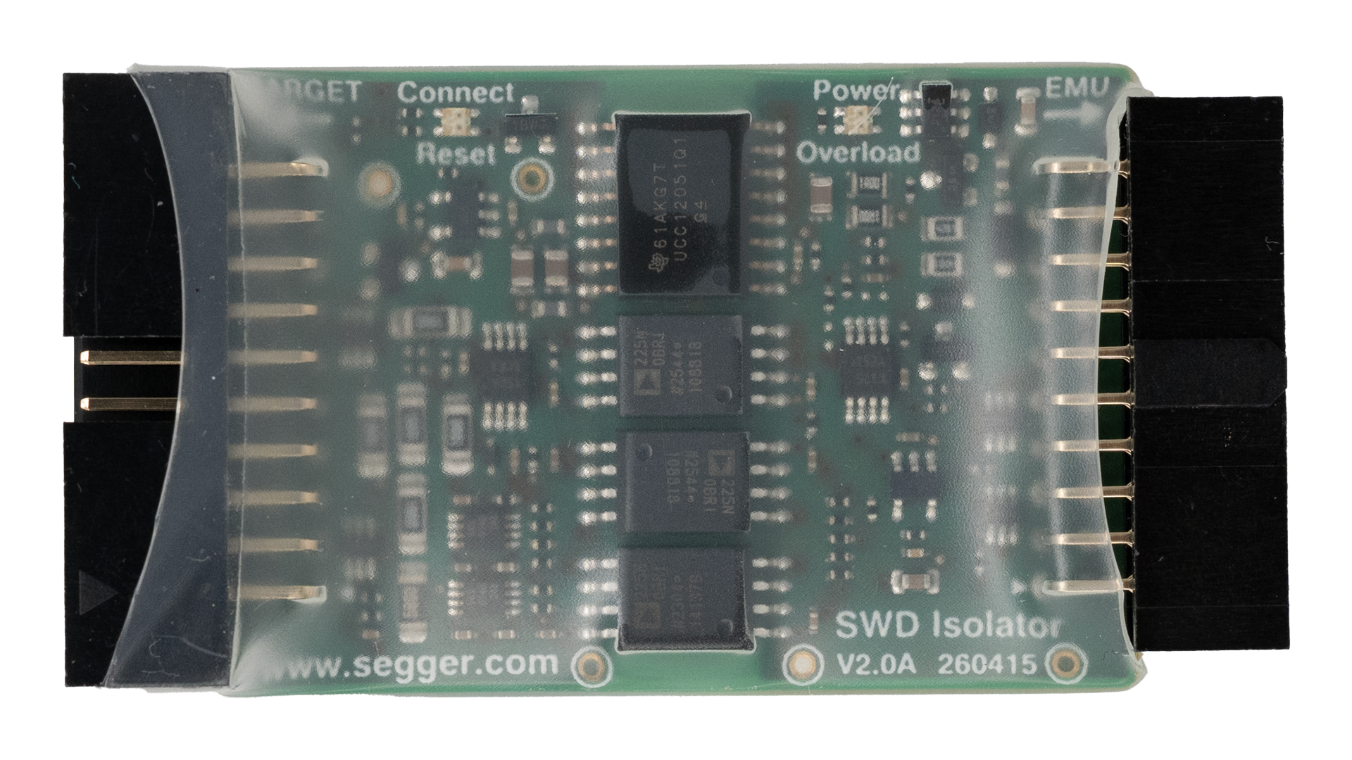 Image of a SWD isolator circuit board. It features multiple components, including several black chips and various contact pins. Text indicates functionalities such as "Connect," "Reset," "Power," and "Overload." The device is primarily used for debugging and programming embedded systems.