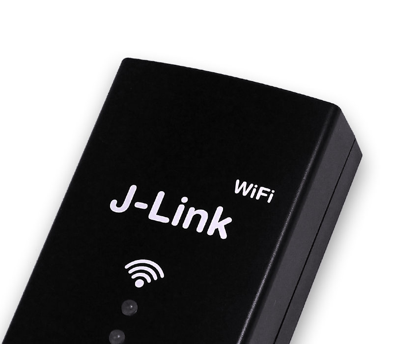 J-Link WiFi The image features a black WiFi device labeled "J-Link" prominently displayed. The design includes indicator lights below the logo, suggesting functionality.