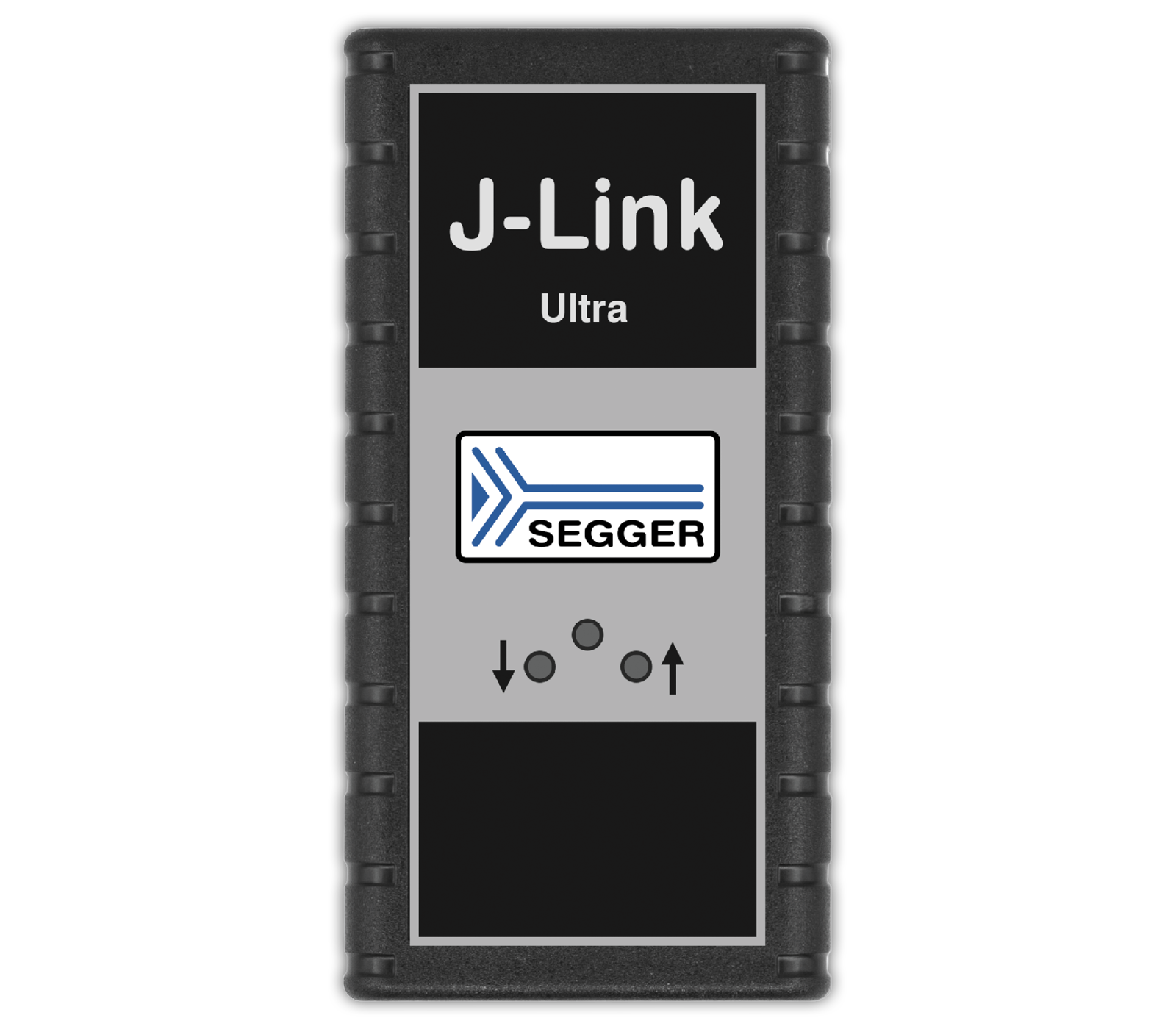 Image of a J-Link Ultra device by SEGGER. The device is rectangular with a black border and a gray central panel displaying the product name "J-Link Ultra" and the SEGGER logo. It features control buttons and indicators below the logo.