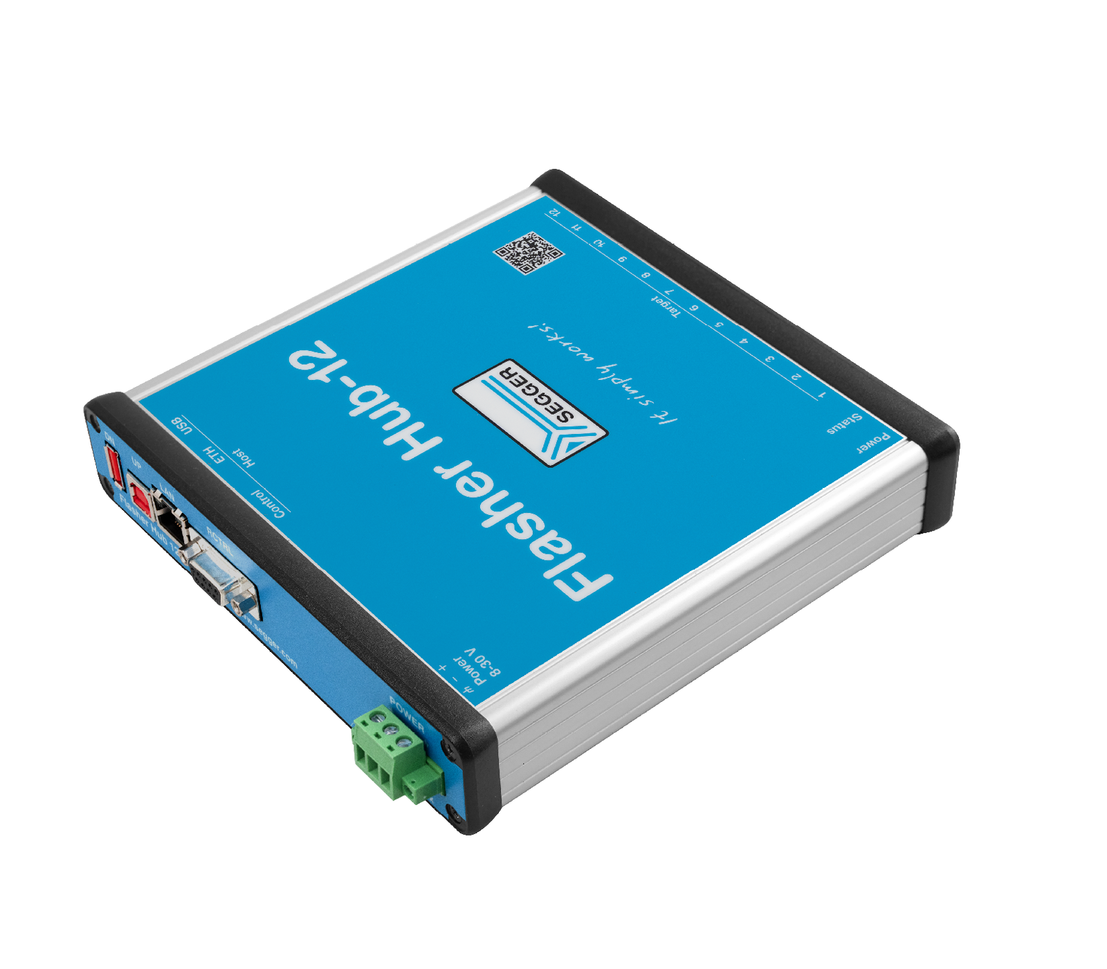 Flasher Hub-12 A blue device labeled "Fasther Hub-12" with connections on one side. It features a logo and barcode. The design is sleek and rectangular, built for device connectivity and integration.