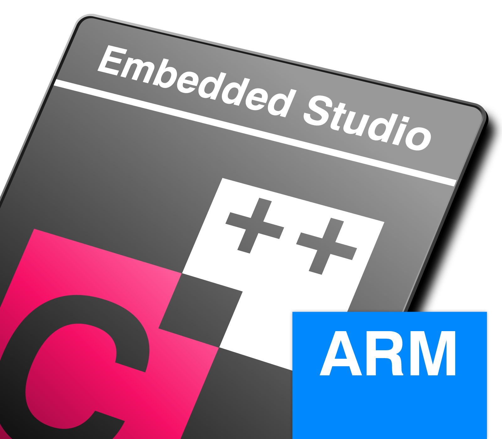 Embedded Studio ARM edition Logo representing "Embedded Studio" software, featuring a stylized "C++" in pink and white, indicating programming capabilities. The design includes a blue section labeled "ARM," suggesting compatibility with ARM architecture. The overall aesthetic is modern and tech-oriented.
