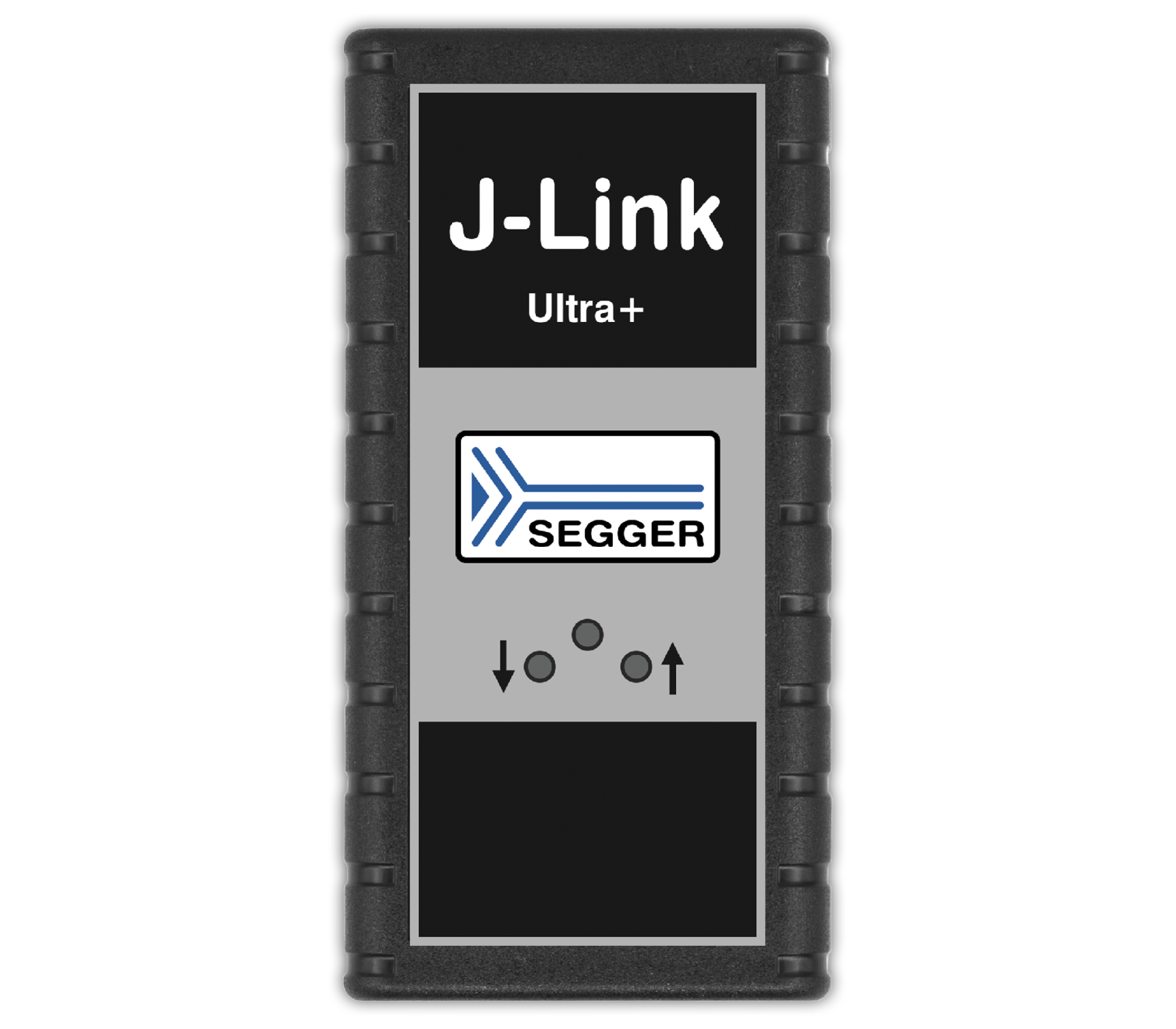 J-Link ULTRA+ An electronic device labeled "J-Link Ultra+" on a gray background, featuring a blue SEGGER logo and several control buttons, including up, down, and circular arrows. The device has a textured black casing, designed for programming or debugging applications.