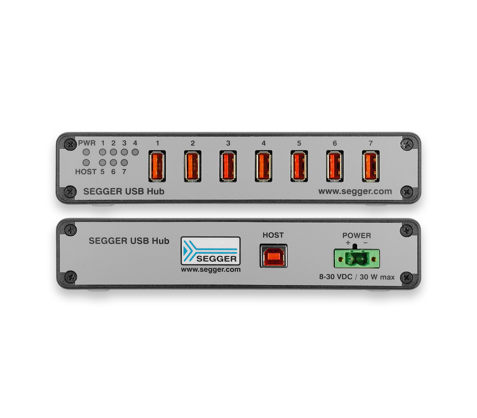 SEGGER USB Hub-7 Image of a SEGGER USB Hub featuring multiple USB ports. The hub is displayed from two angles: one showing four USB ports on the top and the other highlighting a power input and a host button on the bottom. The design is sleek and metallic.
